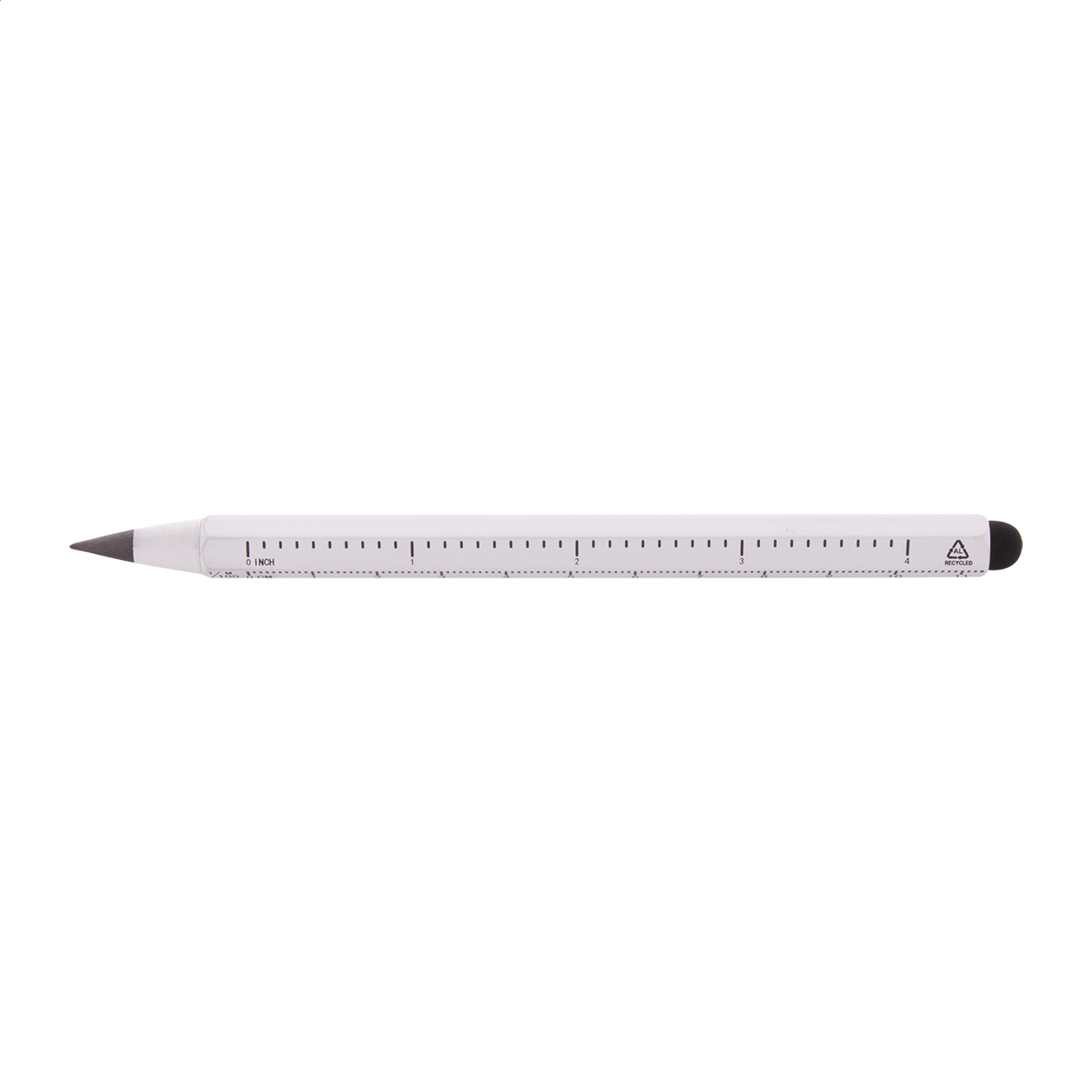 Penna in alluminio riciclato senza inchiostro di lunga durata con punta in lega metallica che ossida la carta e gommino capacitivo — gadget promozionale personalizzabile con il tuo logo