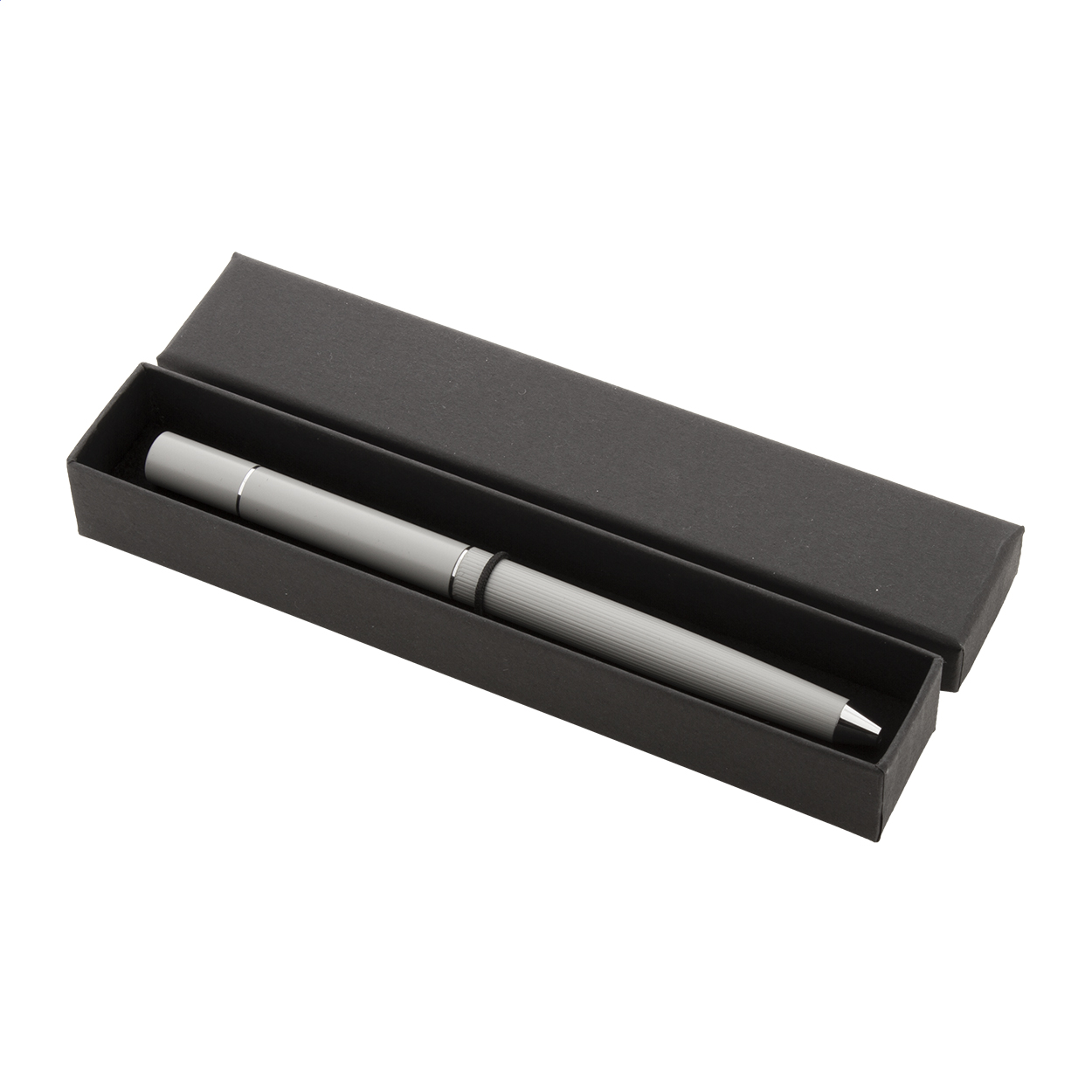 Penna a sfera con meccanismo a rotazione e penna senza inchiostro in metallo 2in1 in confezione regalo nera — gadget promozionale personalizzabile con il tuo logo