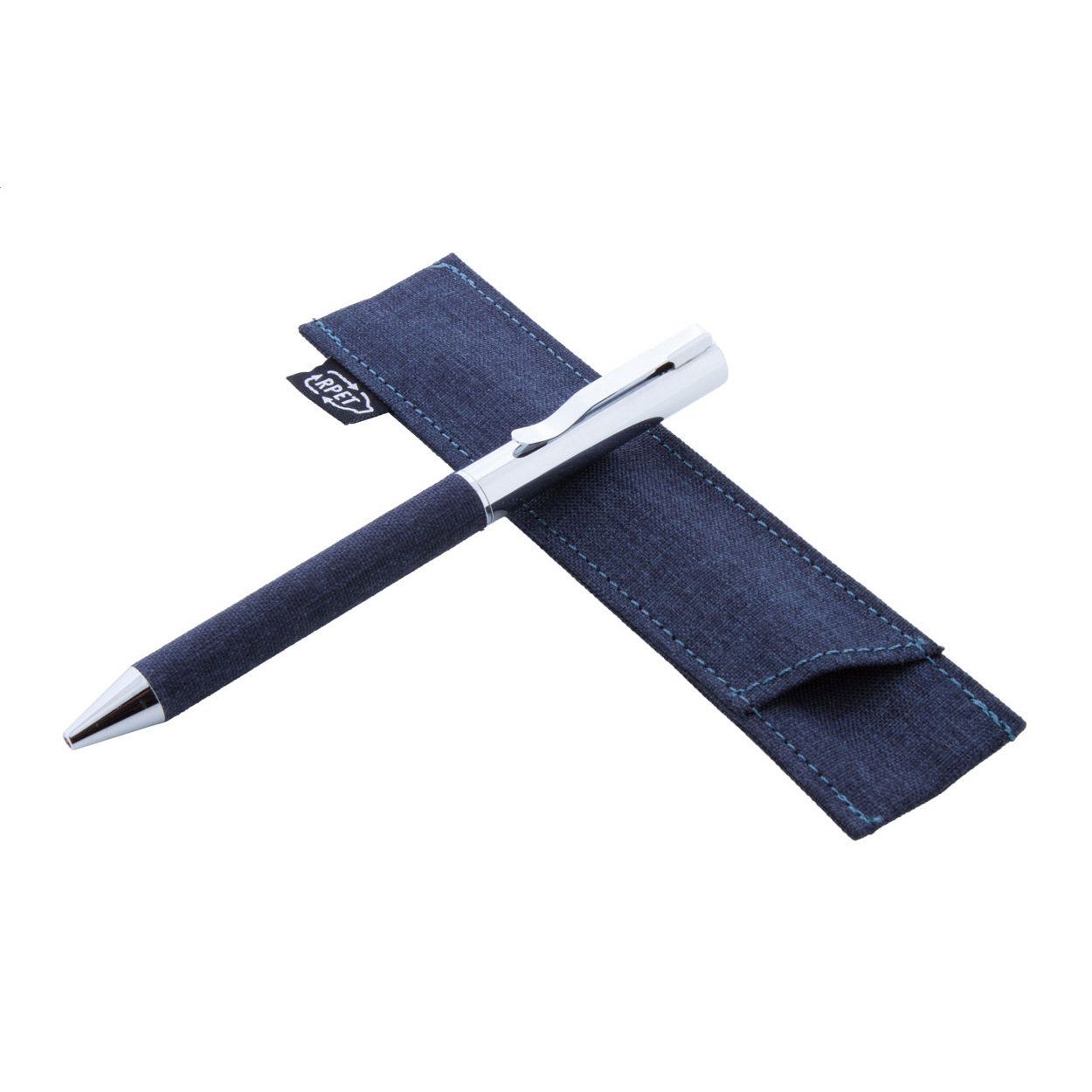 Penna a sfera in metallo con meccanismo a rotazione e fusto rivestito in poliestere RPET — gadget promozionale personalizzabile con il tuo logo