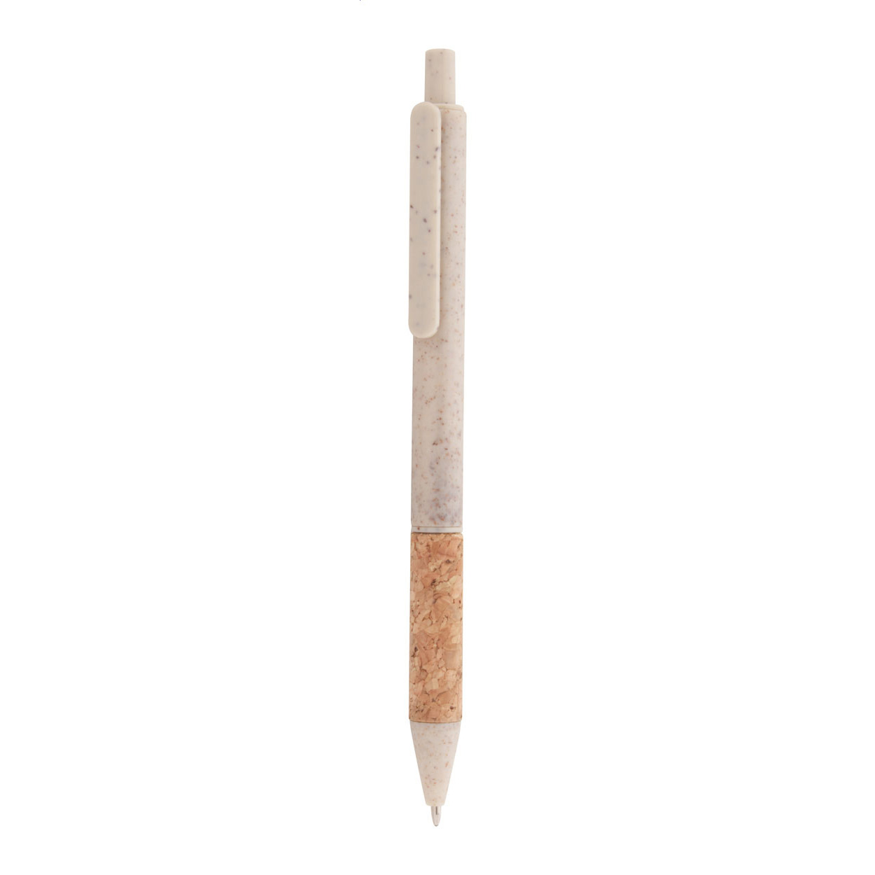 Penna a sfera in plastica ecologica di paglia di grano con impugnatura in sughero naturale e parti colorate — gadget promozionale personalizzabile con il tuo logo