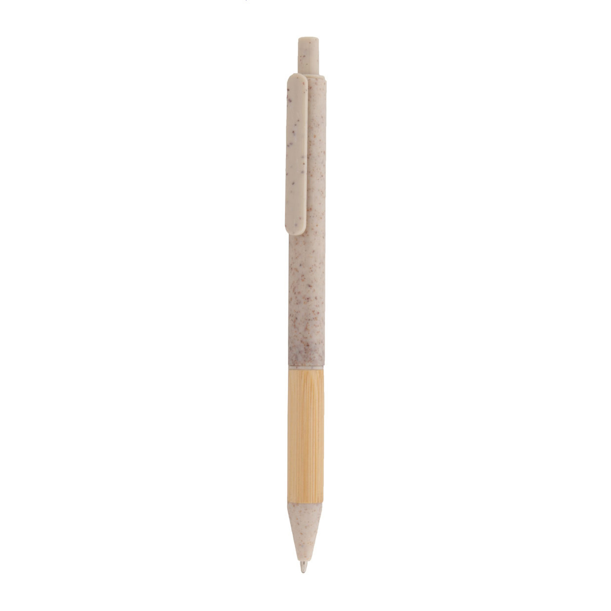 Penna a sfera in plastica ecologica di paglia di grano con impugnatura in bambù e parti in metallo — gadget promozionale personalizzabile con il tuo logo