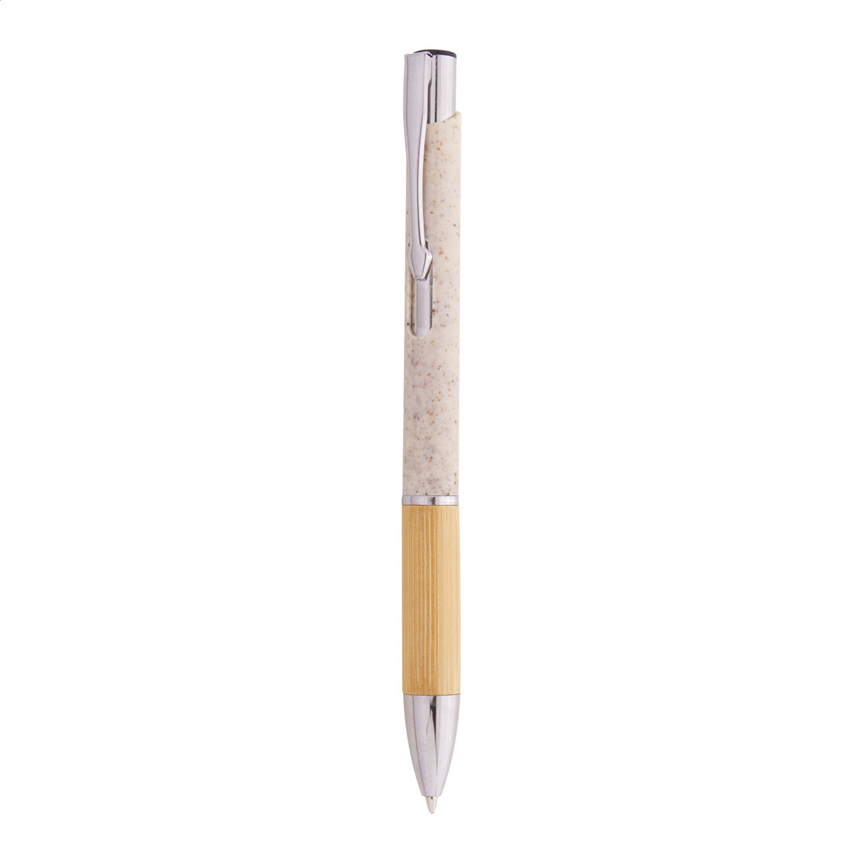 Penna a sfera in plastica ecologica di paglia di grano con impugnatura in bambù e parti in metallo — gadget promozionale personalizzabile con il tuo logo