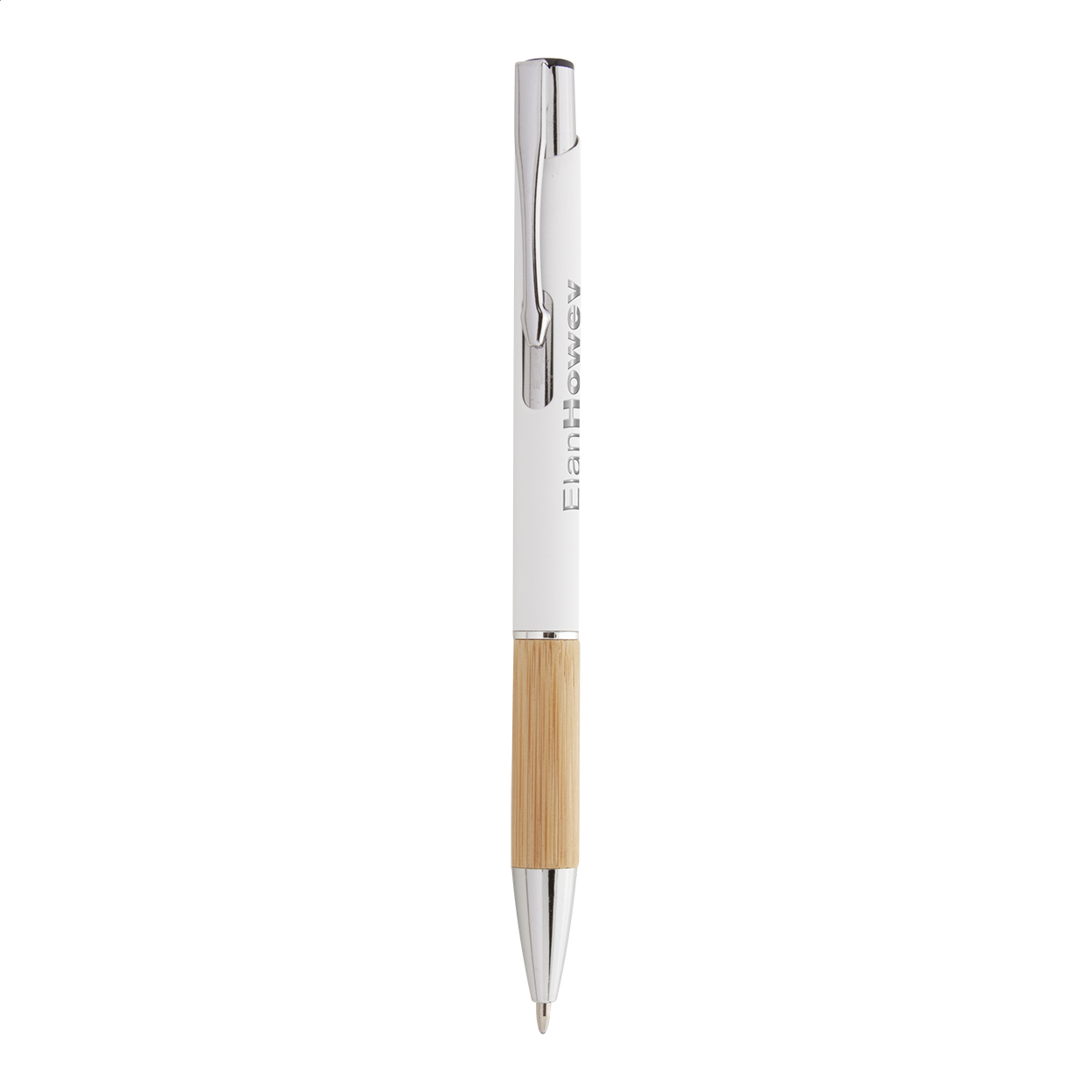 Penna a sfera in alluminio con impugnatura in bambù, finitura gommata, refill blu e speciale rivestimento per incisione laser a specchio — gadget promozionale personalizzabile con il tuo logo