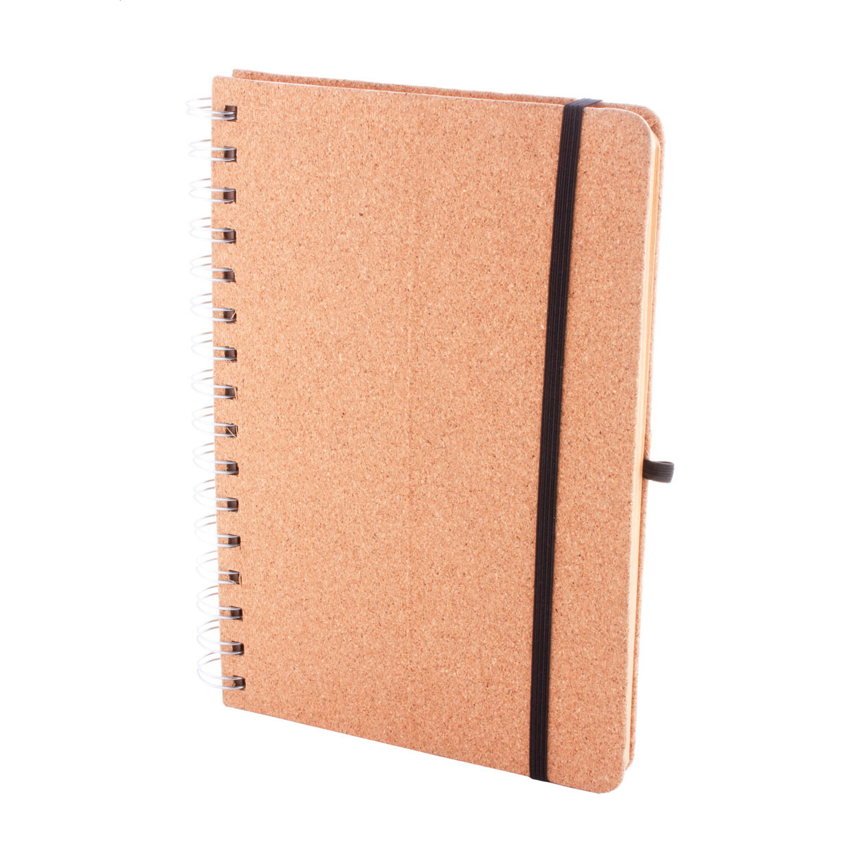 Quaderno a spirale formato A5, con copertina in sughero naturale, 70 fogli a righe in carta kraft riciclata, occhiello portapenne, inserto in plastica di paglia di grano per cellulare e tablet ed elastico di chiusura — gadget promozionale personalizzabile con il tuo logo