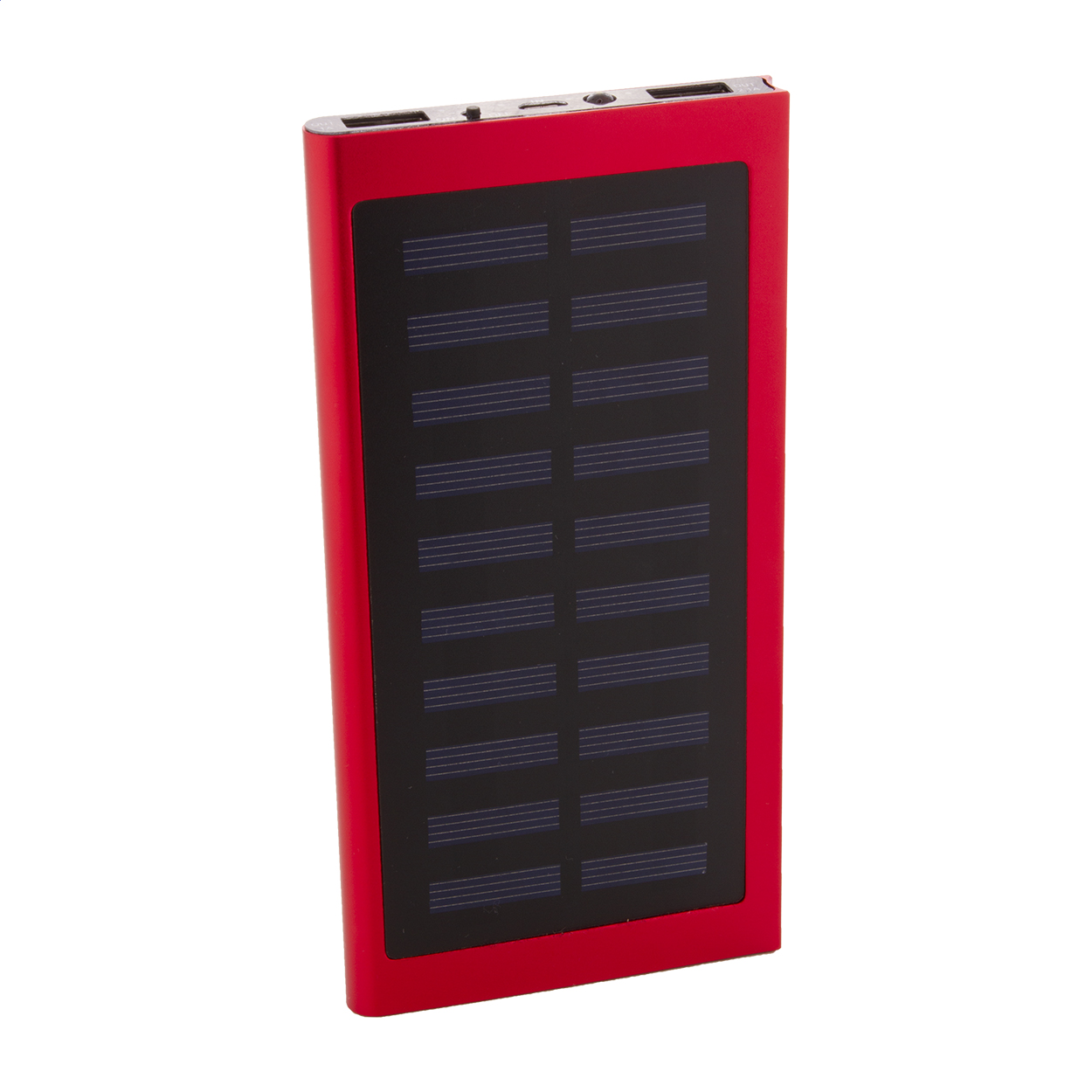 Power bank USB in alluminio riciclato con caricatore solare integrato, batteria da 4000 mAh e con 2 porte di ricarica USB e 1 USB-C — gadget promozionale personalizzabile con il tuo logo
