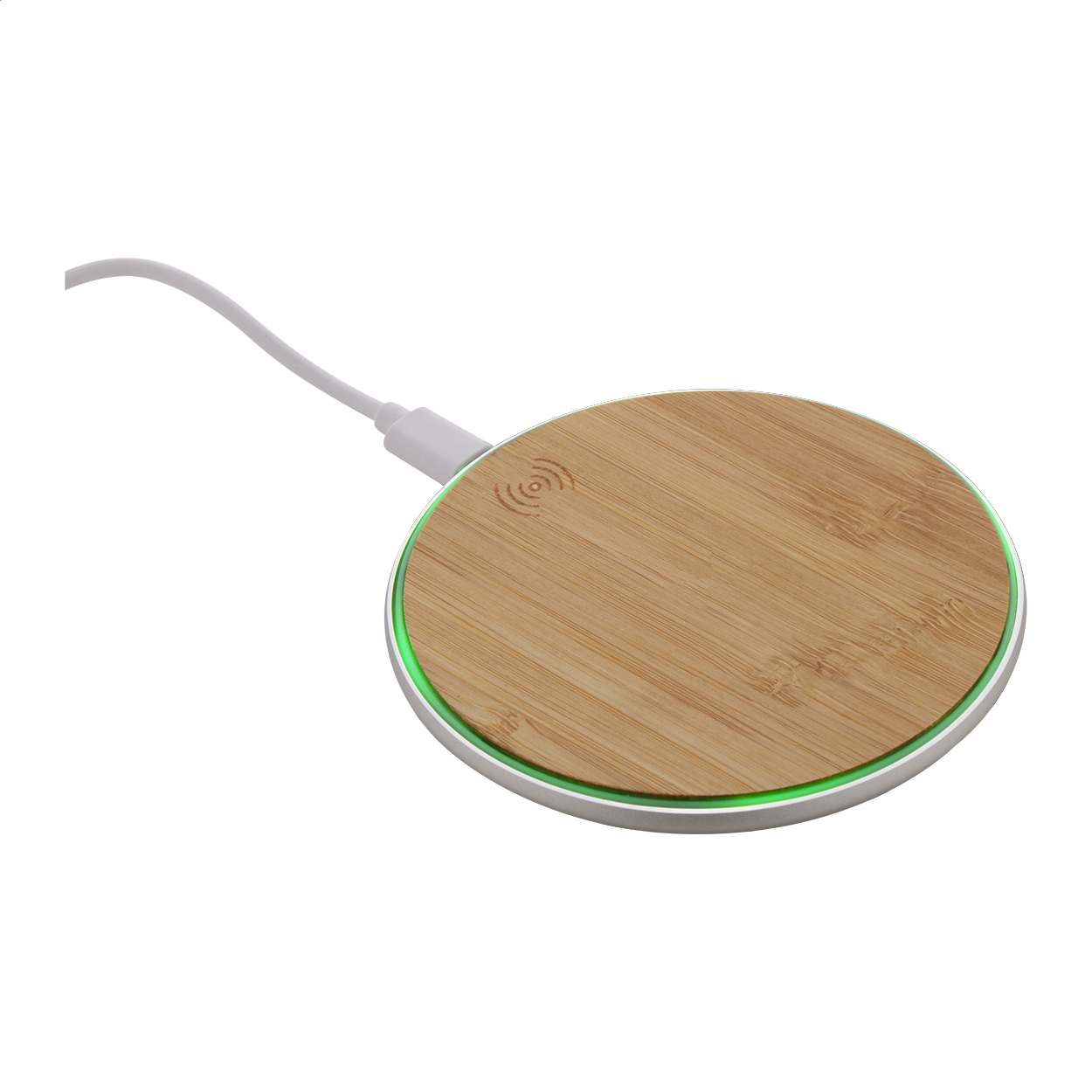 Caricabatterie wireless veloce (15W) con alloggiamento in alluminio riciclato e bambù — gadget promozionale personalizzabile con il tuo logo