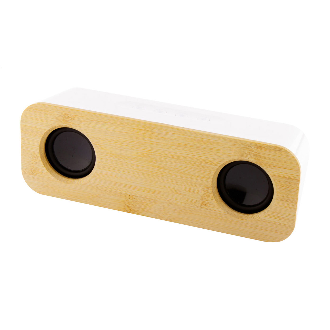 Altoparlante wireless con involucro in ABS riciclato e bambù, 2 altoparlanti e batteria ricaricabile integrata — gadget promozionale personalizzabile con il tuo logo