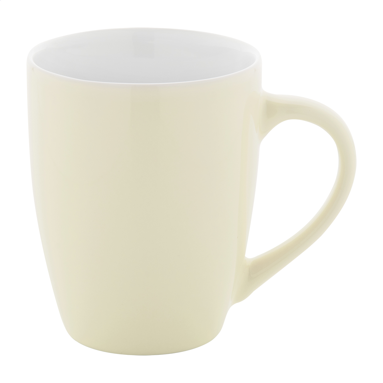 Tazza mug in ceramica colorata di alta qualità da 340 ml con interno bianco, confezionata in scatola di cartoncino kraft — gadget promozionale personalizzabile con il tuo logo