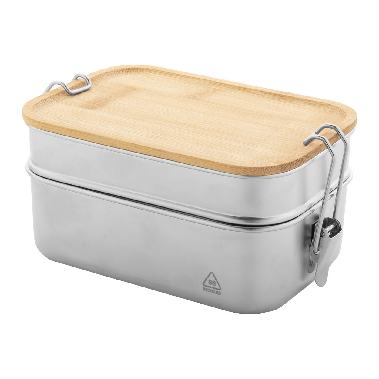 Contenitore per il pranzo in acciaio inox riciclato con coperchio in bambù e chiusura di sicurezza a fibbia — gadget promozionale personalizzabile con il tuo logo