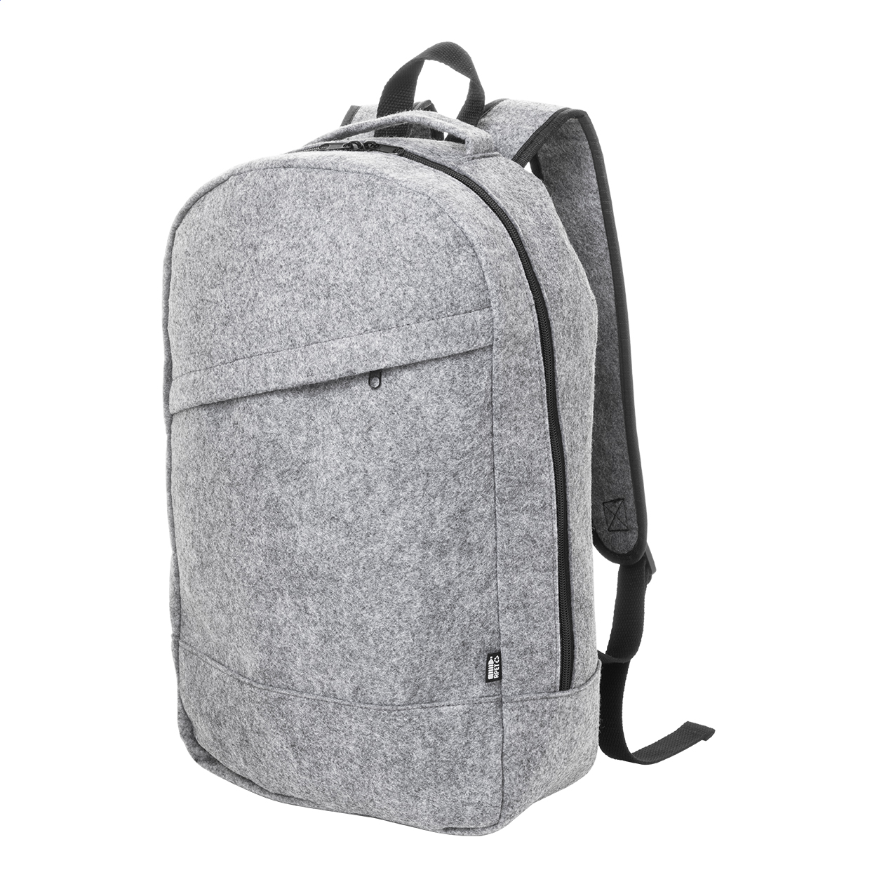 Zaino in feltro RPET con scomparto principale chiuso da cerniera e tasca frontale — gadget promozionale personalizzabile con il tuo logo