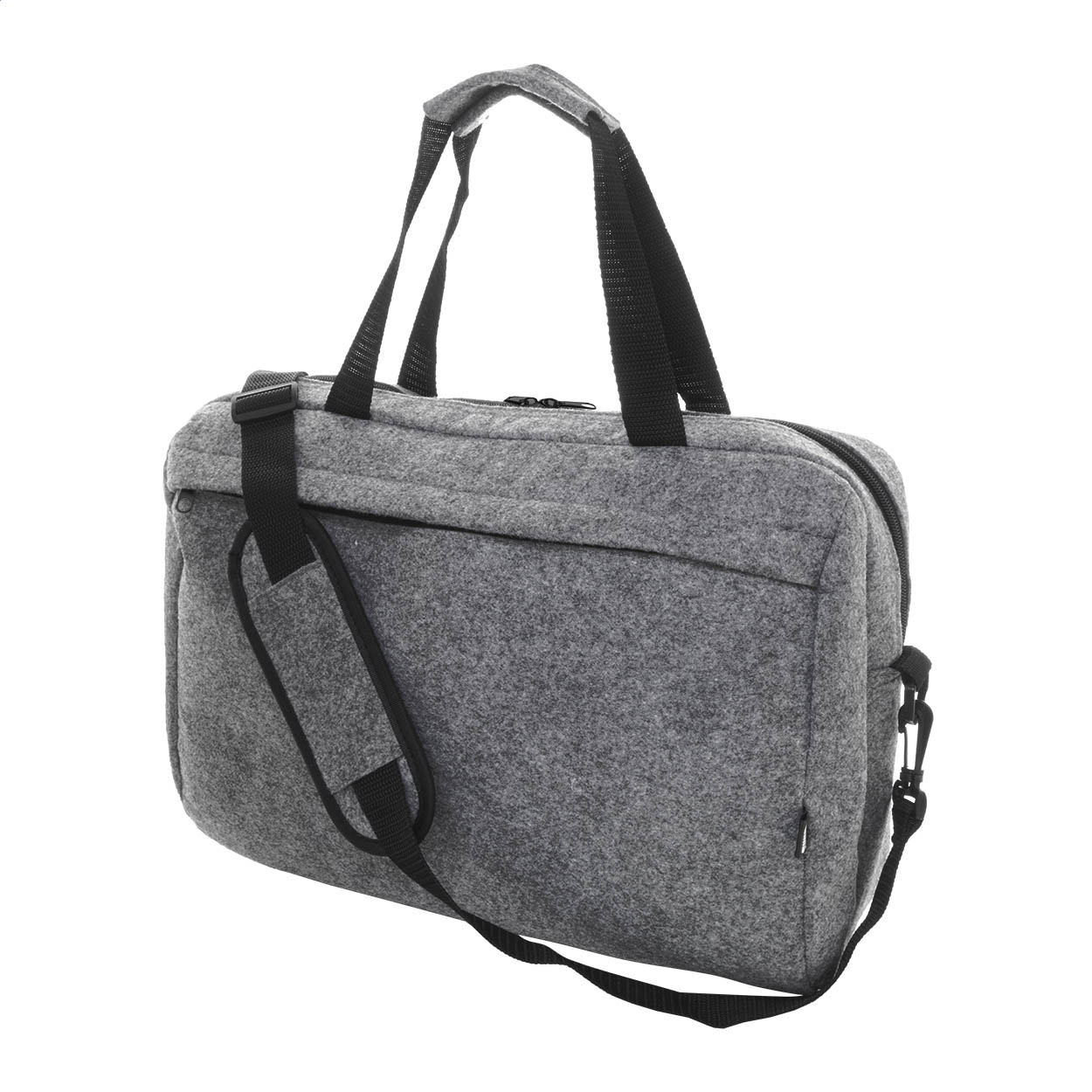 Borsa portadocumenti in feltro RPET con scomparto principale chiuso da cerniera e tasca frontale — gadget promozionale personalizzabile con il tuo logo