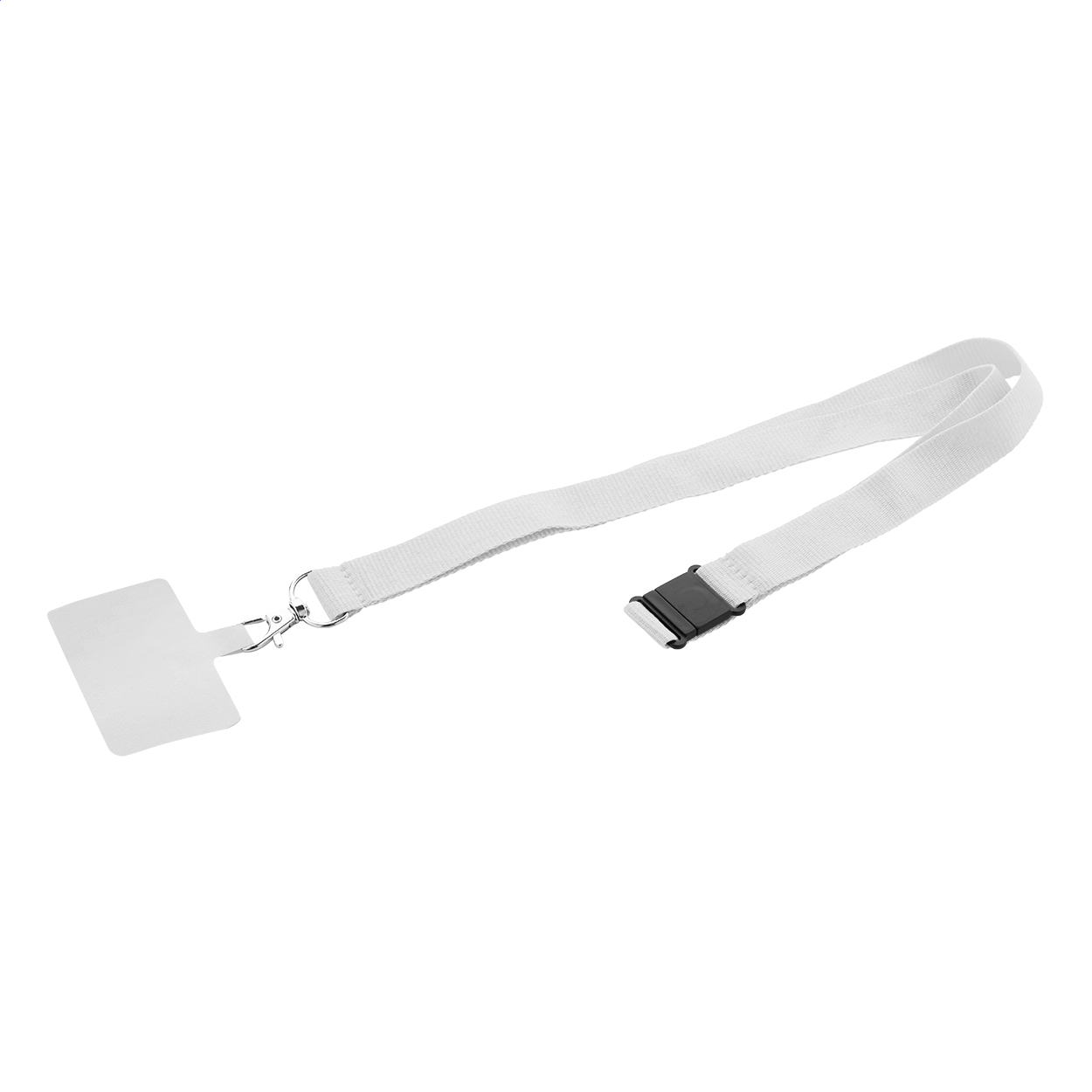 Lanyard portacellulare in RPET con moschettone in metallo, fibbia di sicurezza e inserto portacellulare in colore coordinato — gadget promozionale personalizzabile con il tuo logo