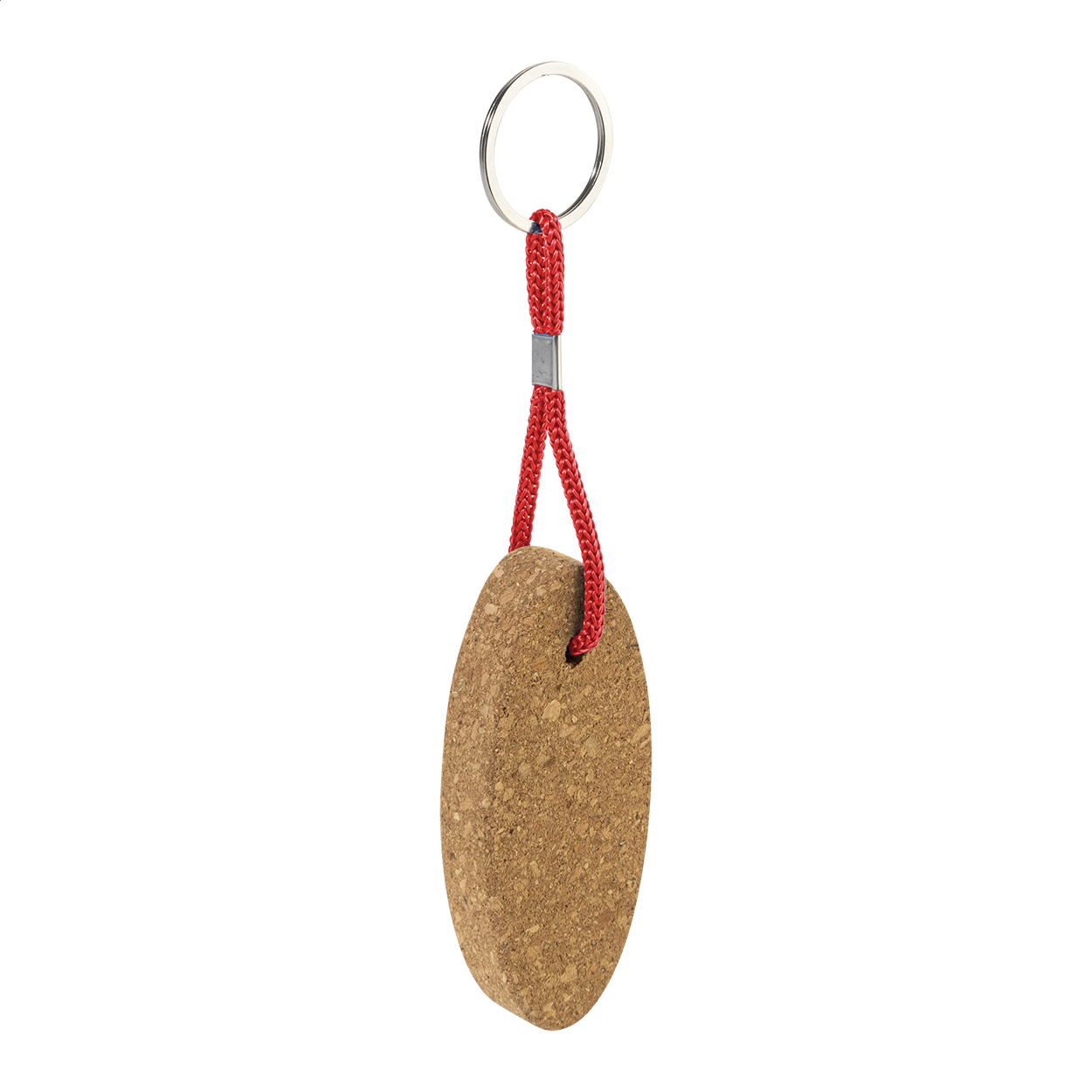Portachiavi galleggiante in sughero naturale con cordino in poliestere e anello in metallo — gadget promozionale personalizzabile con il tuo logo