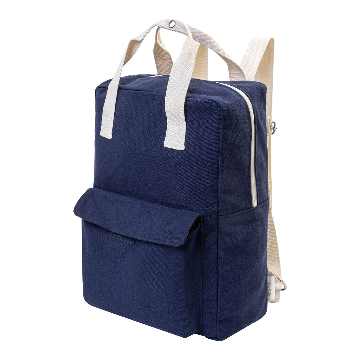 Zaino in canvas riciclato, 70% cotone riciclato e 30% poliestere RPET, con scomparto principale chiuso da cerniera, scomparto imbottito per laptop (13"), tasca frontale con chiusura in velcro ed etichetta cotone riciclato — gadget promozionale personalizzabile con il tuo logo