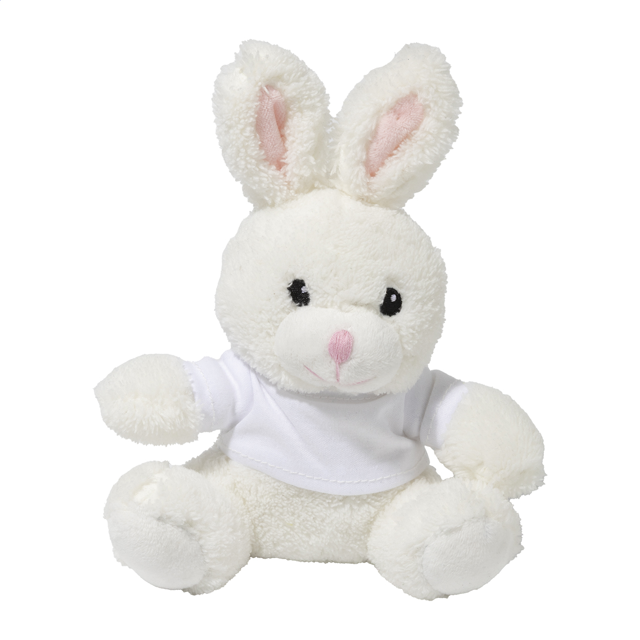 Coniglio in peluche RPET con maglietta stampabile in poliestere RPET — gadget promozionale personalizzabile con il tuo logo