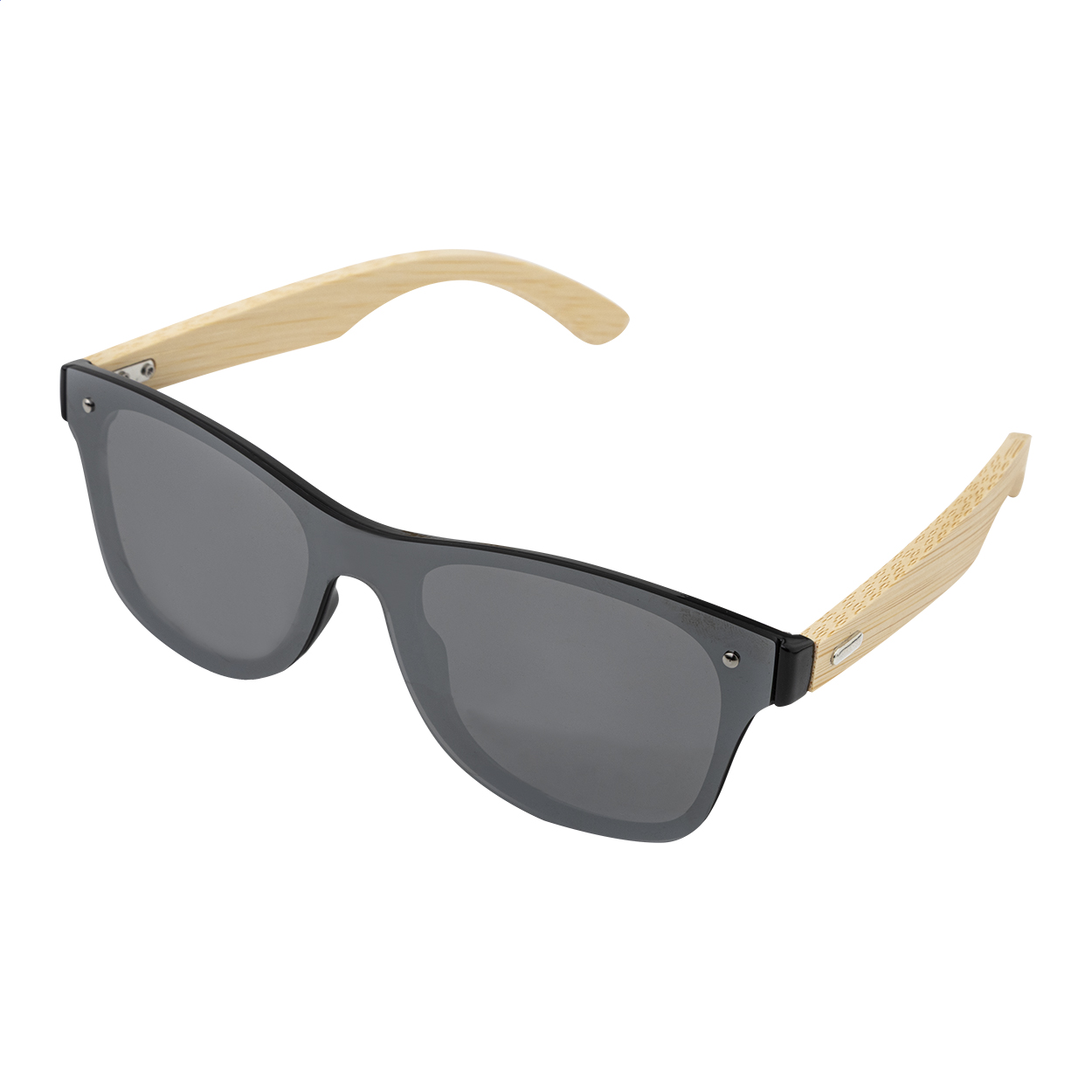Occhiali da sole con lenti monoblocco a specchio su tutta la superficie con protezione UV 400 e stanghette in bambù — gadget promozionale personalizzabile con il tuo logo