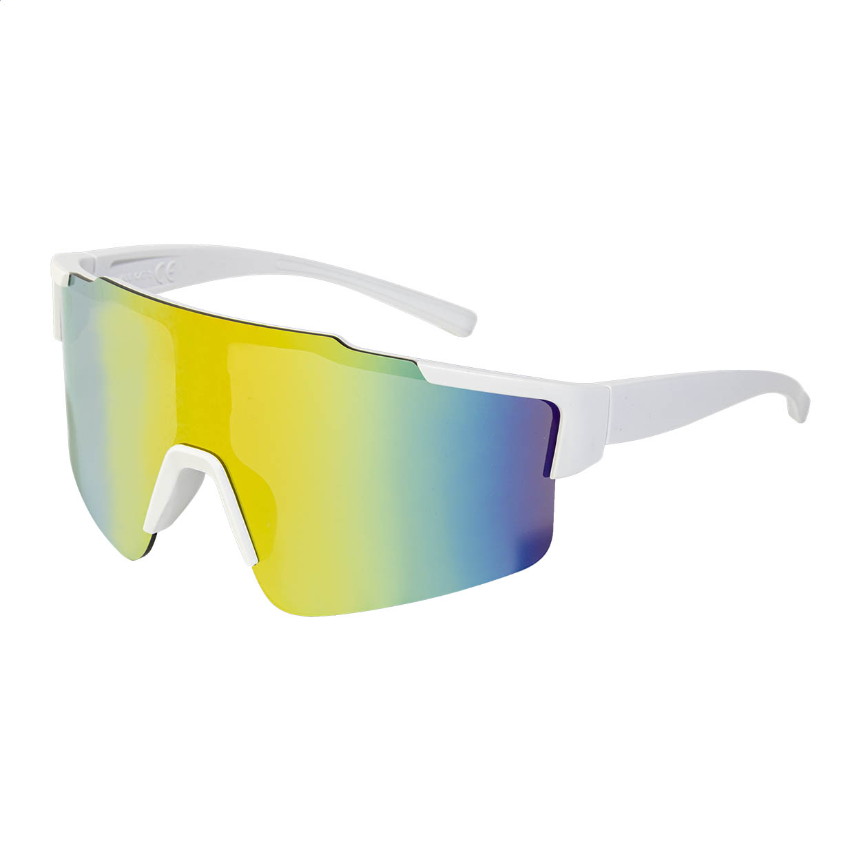 Occhiali da sole sportivi in PC riciclato con lenti monoblocco multicolori a specchio e protezione UV400 — gadget promozionale personalizzabile con il tuo logo