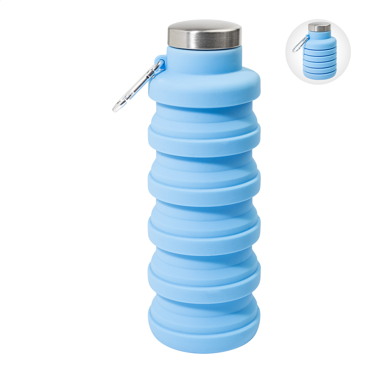 Borraccia comprimibile da 500 ml in silicone con tappo in acciaio inox e moschettone in alluminio — gadget promozionale personalizzabile con il tuo logo