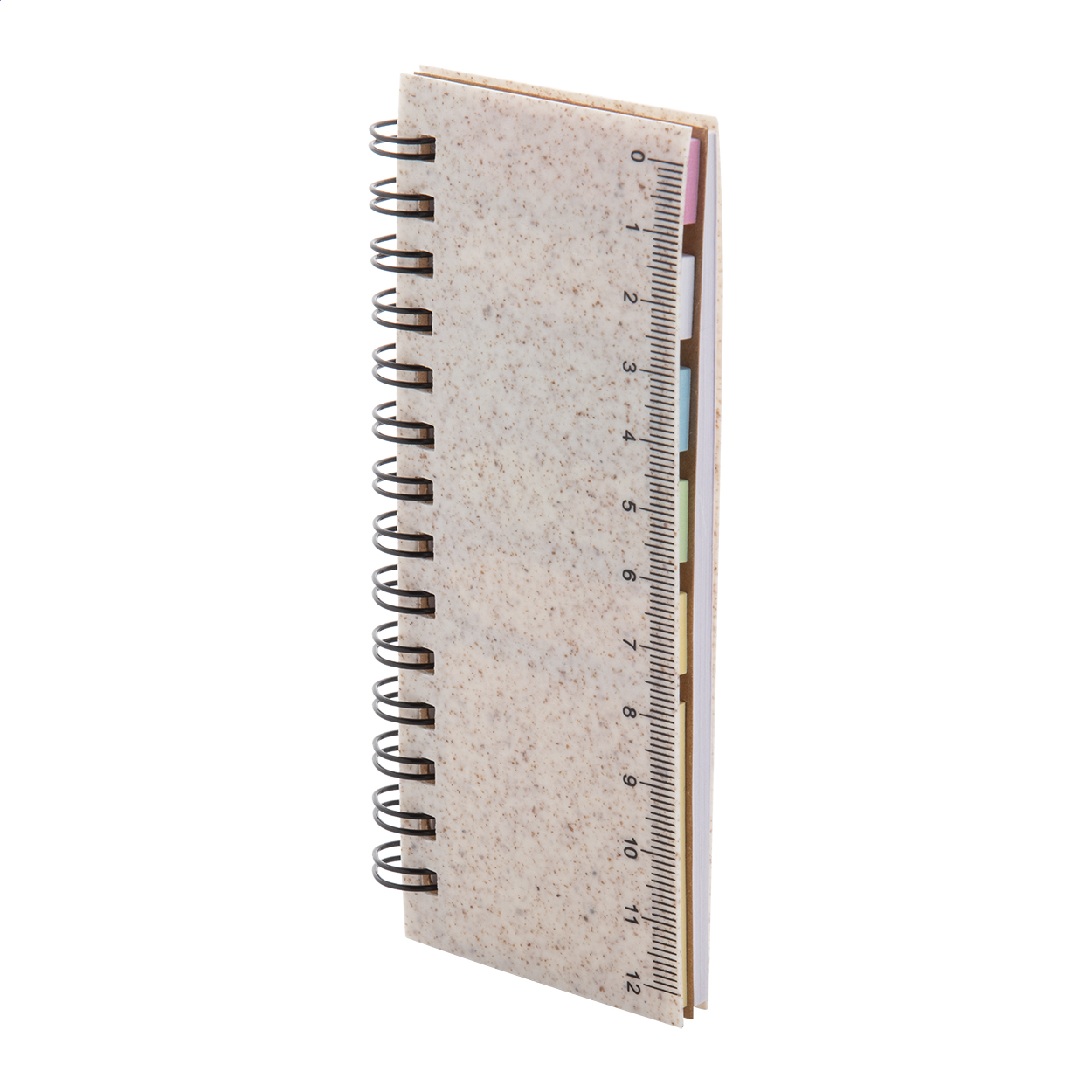 Quaderno a spirale con copertina in plastica ecologica in paglia di grano da 40 fogli in carta riciclata a righe, 25 foglietti adesivi e 125 segnapagina (in 5 colori diversi) — gadget promozionale personalizzabile con il tuo logo