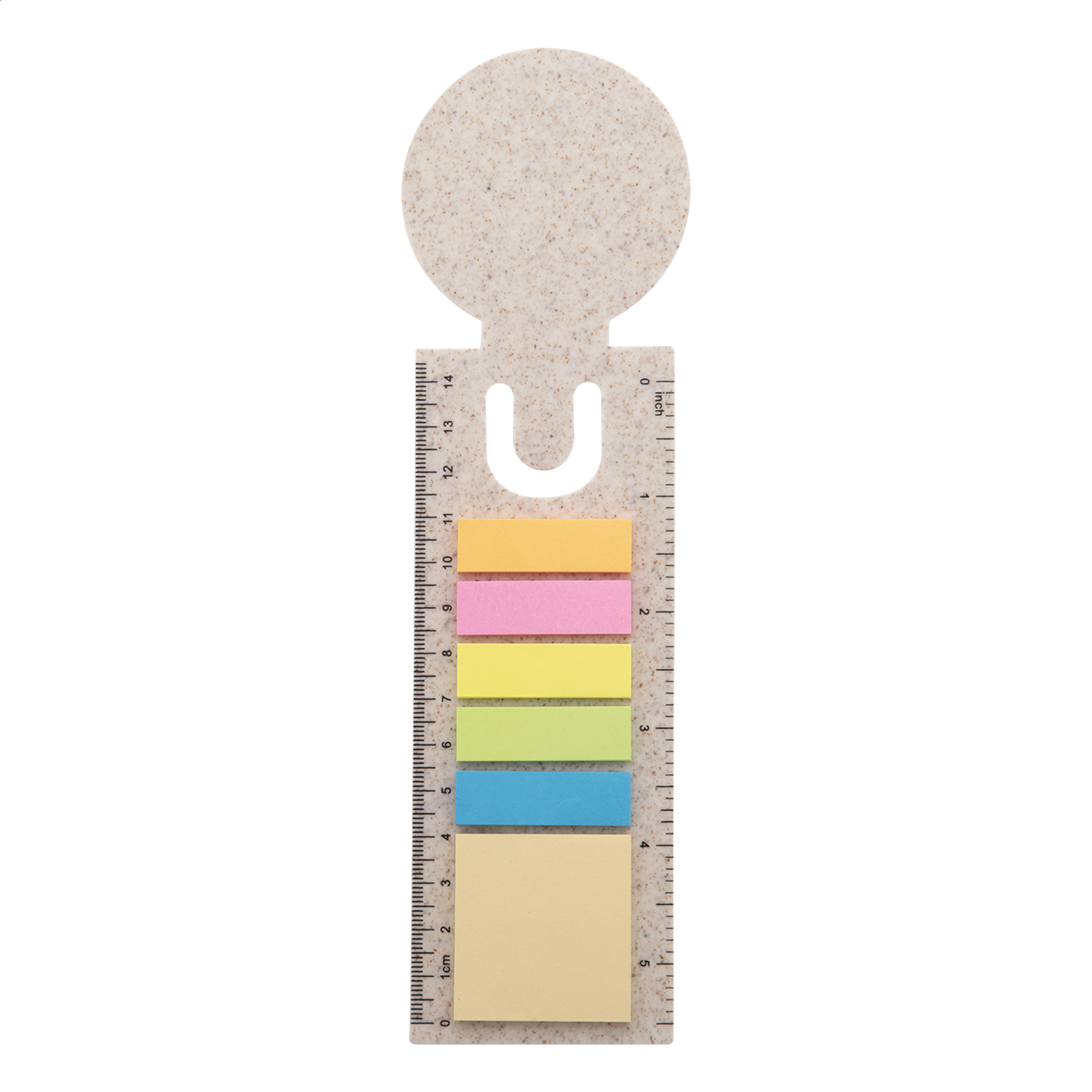 Segnalibro e righello in plastica ecologica in paglia di grano con 25 foglietti adesivi e 125 segnapagina (in 5 colori diversi) — gadget promozionale personalizzabile con il tuo logo