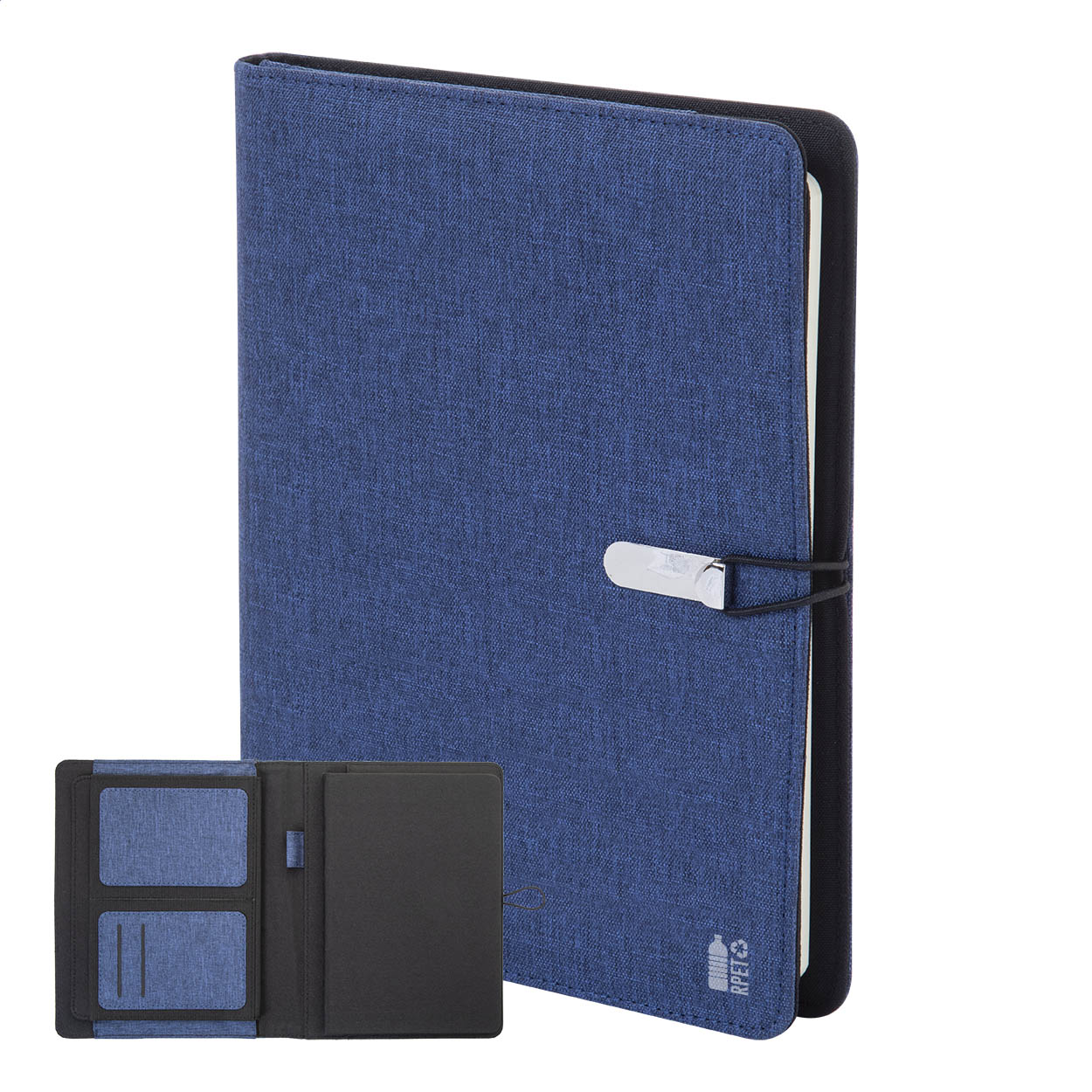 Cartella portadocumenti in poliestere RPET 300D formato A5 con blocco note da 64 fogli a righe e multiple tasche organizer interne — gadget promozionale personalizzabile con il tuo logo