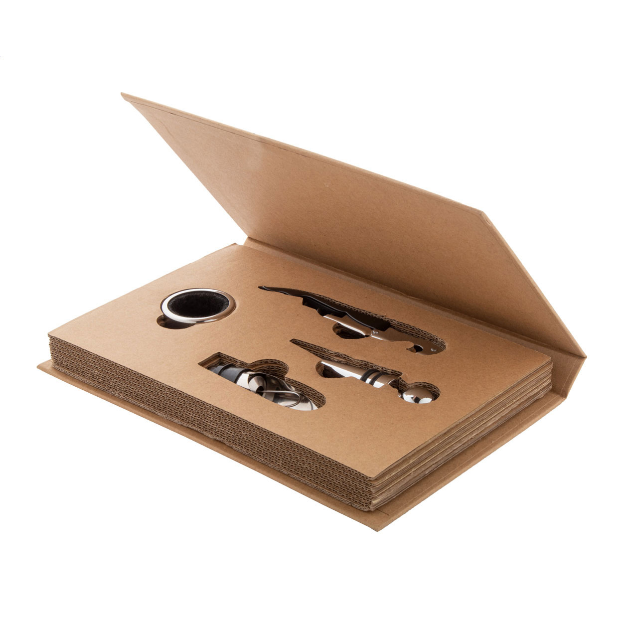 Set vino da 4 pz in acciaio inossidabile in scatola di cartoncino kraft riciclato ed apertura a libro — gadget promozionale personalizzabile con il tuo logo
