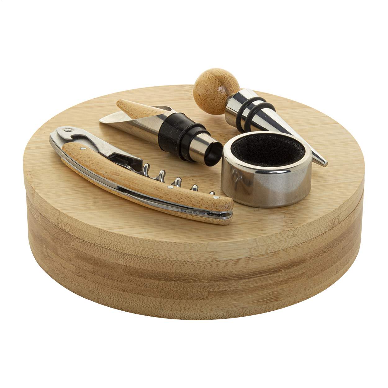 Set vino da 4 pz in acciaio inossidabile con inserti e contenitore rotondo in bambù — gadget promozionale personalizzabile con il tuo logo