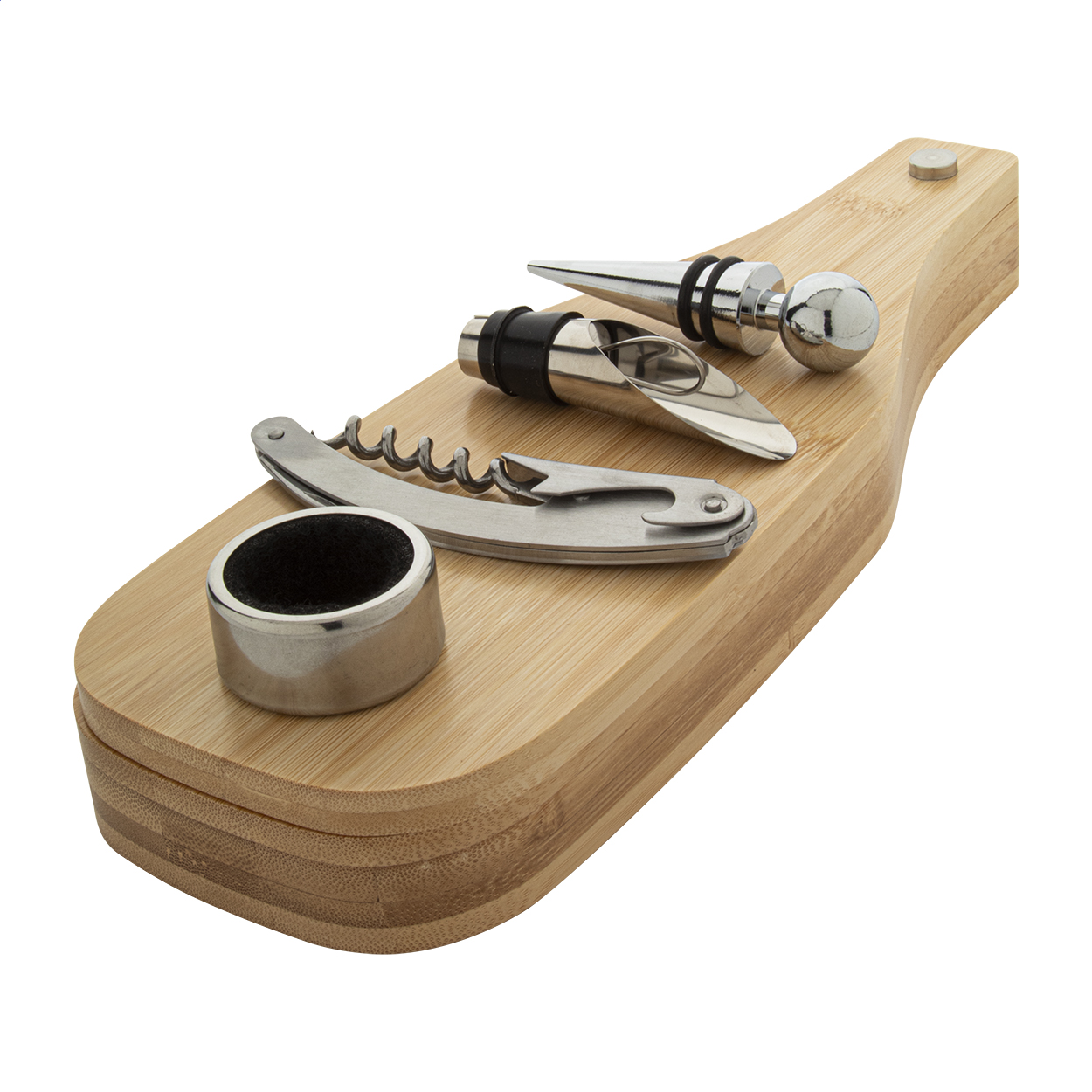 Set vino da 4 pz in acciaio inossidabile in scatola di bambù a forma di bottiglia — gadget promozionale personalizzabile con il tuo logo