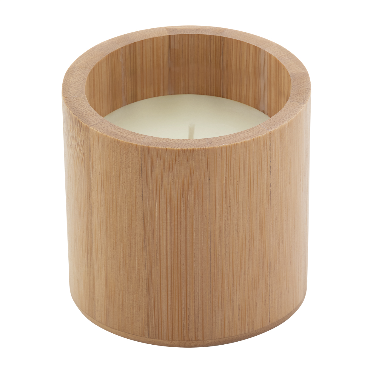 Candela da 160 grammi di cera vegetale con profumazione alla vaniglia e contenitore in bambù — gadget promozionale personalizzabile con il tuo logo