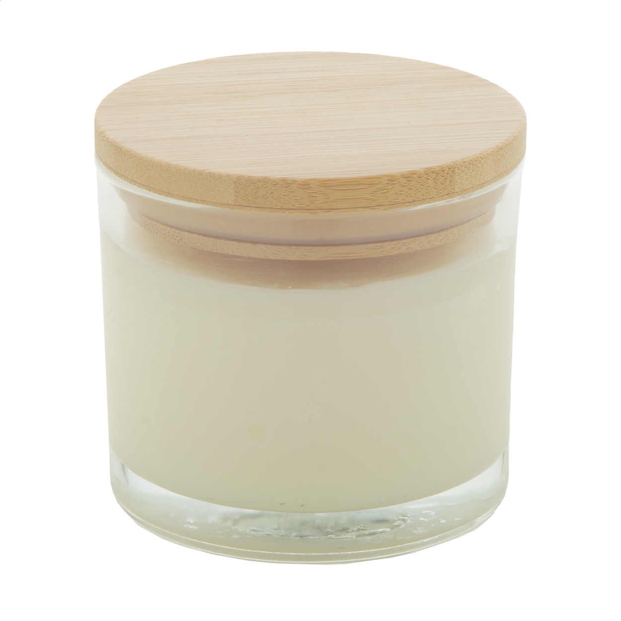 Candela da 95 grammi di cera a base vegetale con profumazione alla vaniglia, in contenitore di vetro con coperchio in bambù — gadget promozionale personalizzabile con il tuo logo