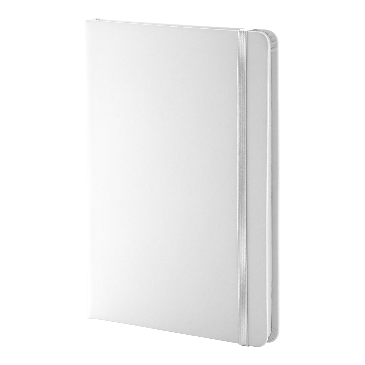 Quaderno formato A5, con copertina in PU riciclata con 100 fogli in carta riciclata, elastico e segnalibro in colore coordinato — gadget promozionale personalizzabile con il tuo logo