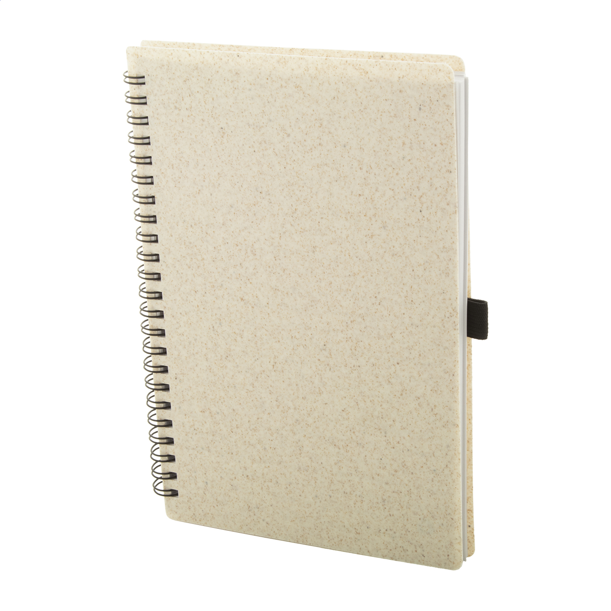 Quaderno a spirale formato A5 con copertina in plastica ecologica di paglia di grano, 70 fogli a righe in carta riciclata e portapenne — gadget promozionale personalizzabile con il tuo logo