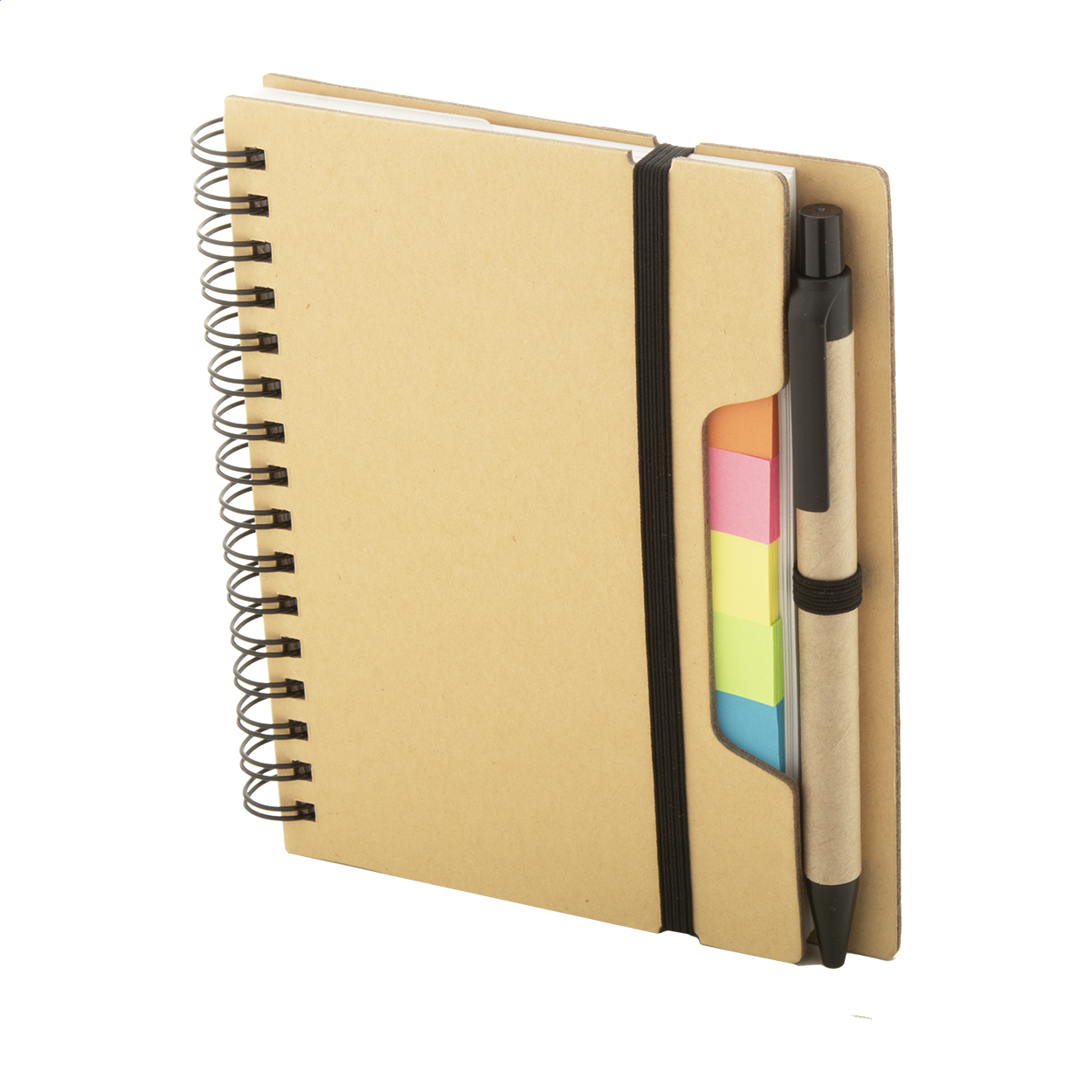 Quaderno a spirale formato A6, in carta riciclata con 70 fogli a righe e 125 segnapagina (in 5 colori diversi), elastico e portapenne — gadget promozionale personalizzabile con il tuo logo