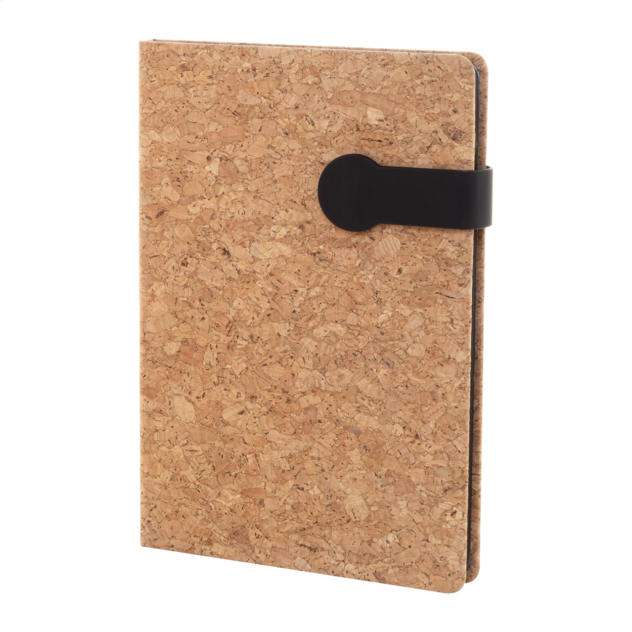 Quaderno formato A5 con copertina in sughero naturale e PU riciclato con chiusura magnetica, segnalibro e 80 fogli di carta riciclata a righe con lati colorati — gadget promozionale personalizzabile con il tuo logo