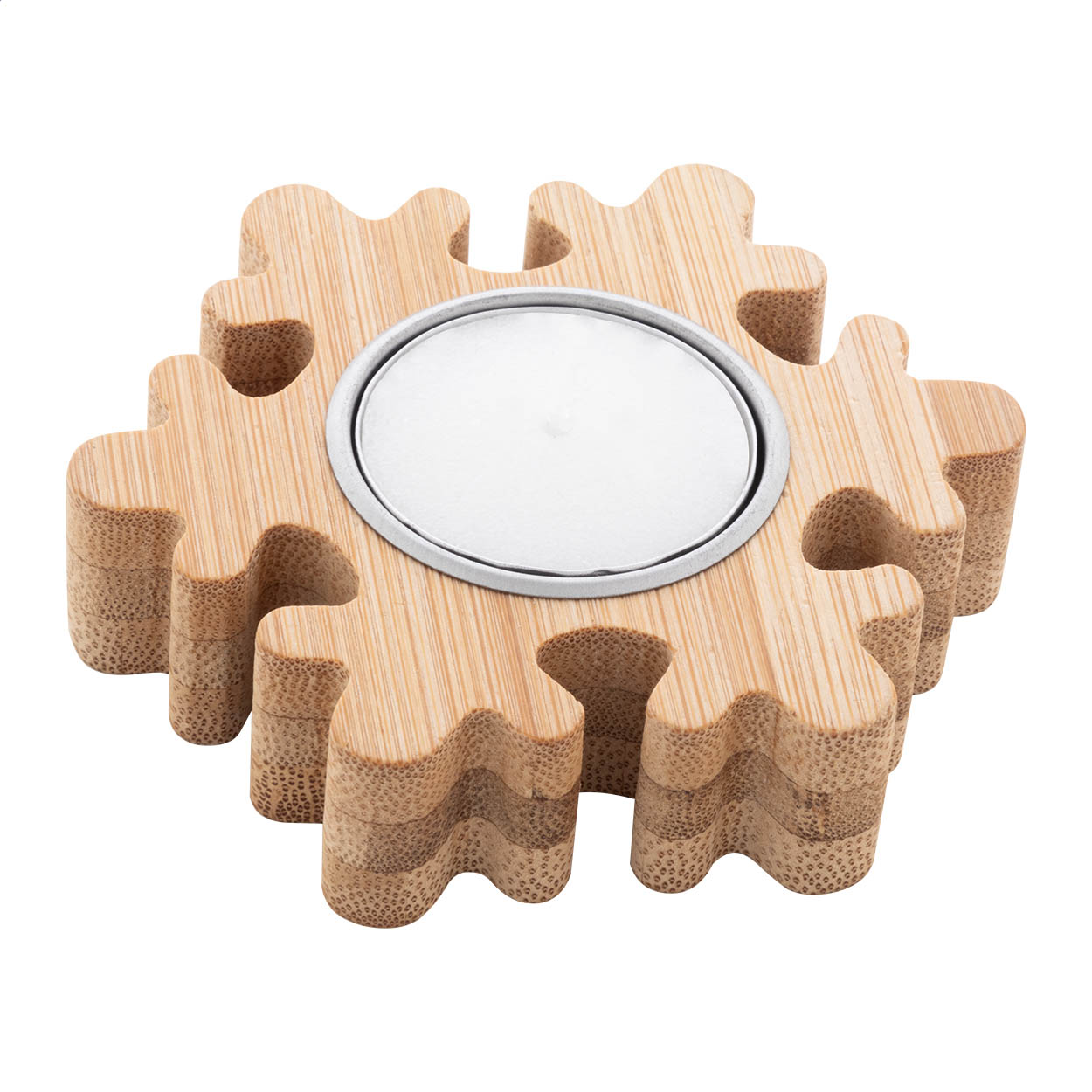 Portacandele a tema natalizio in bambù con tea light in cera vegetale profumata alla vaniglia — gadget promozionale personalizzabile con il tuo logo