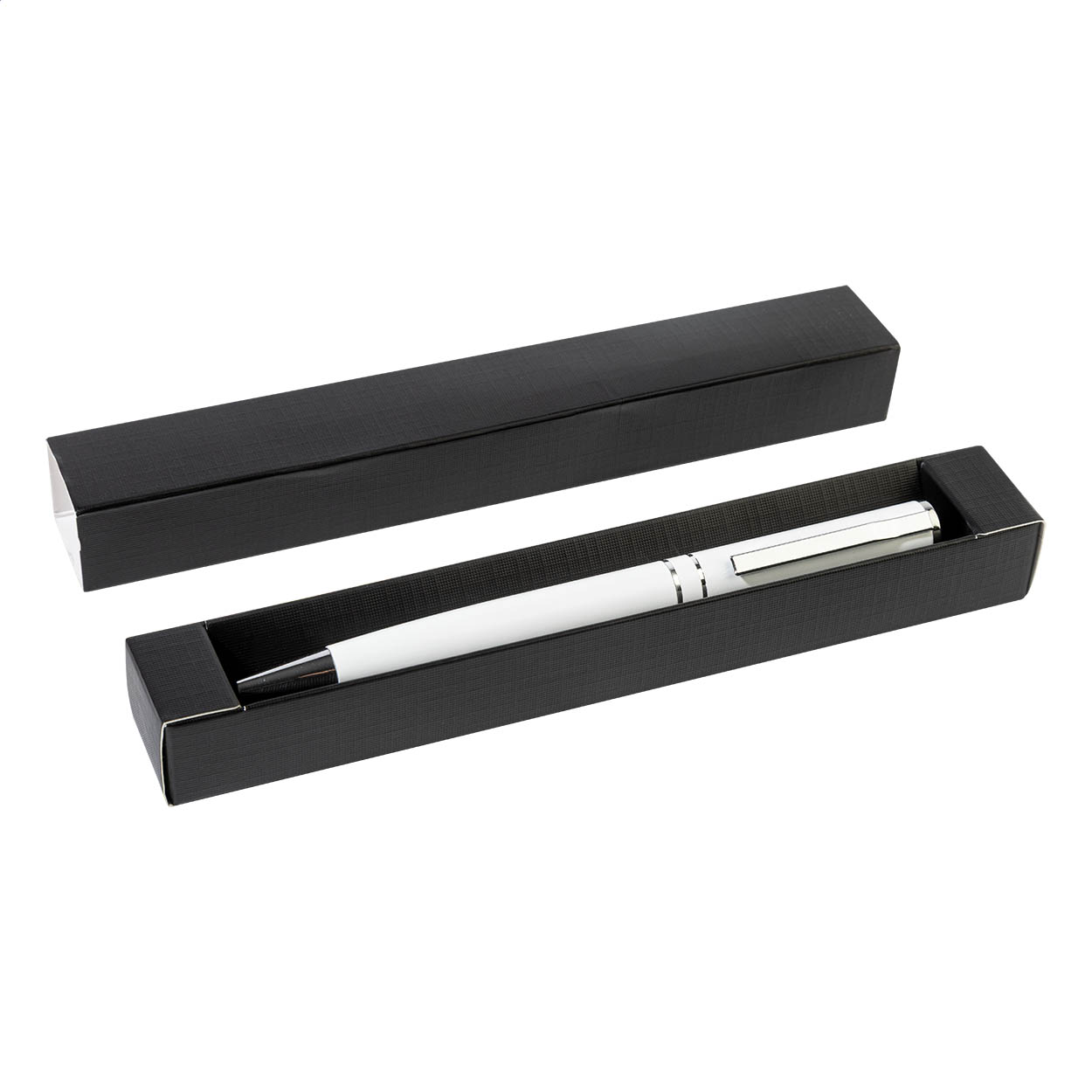 Penna a sfera con meccanismo a rotazione in alluminio riciclato co refill blu, elementi ed anelli cromati — gadget promozionale personalizzabile con il tuo logo
