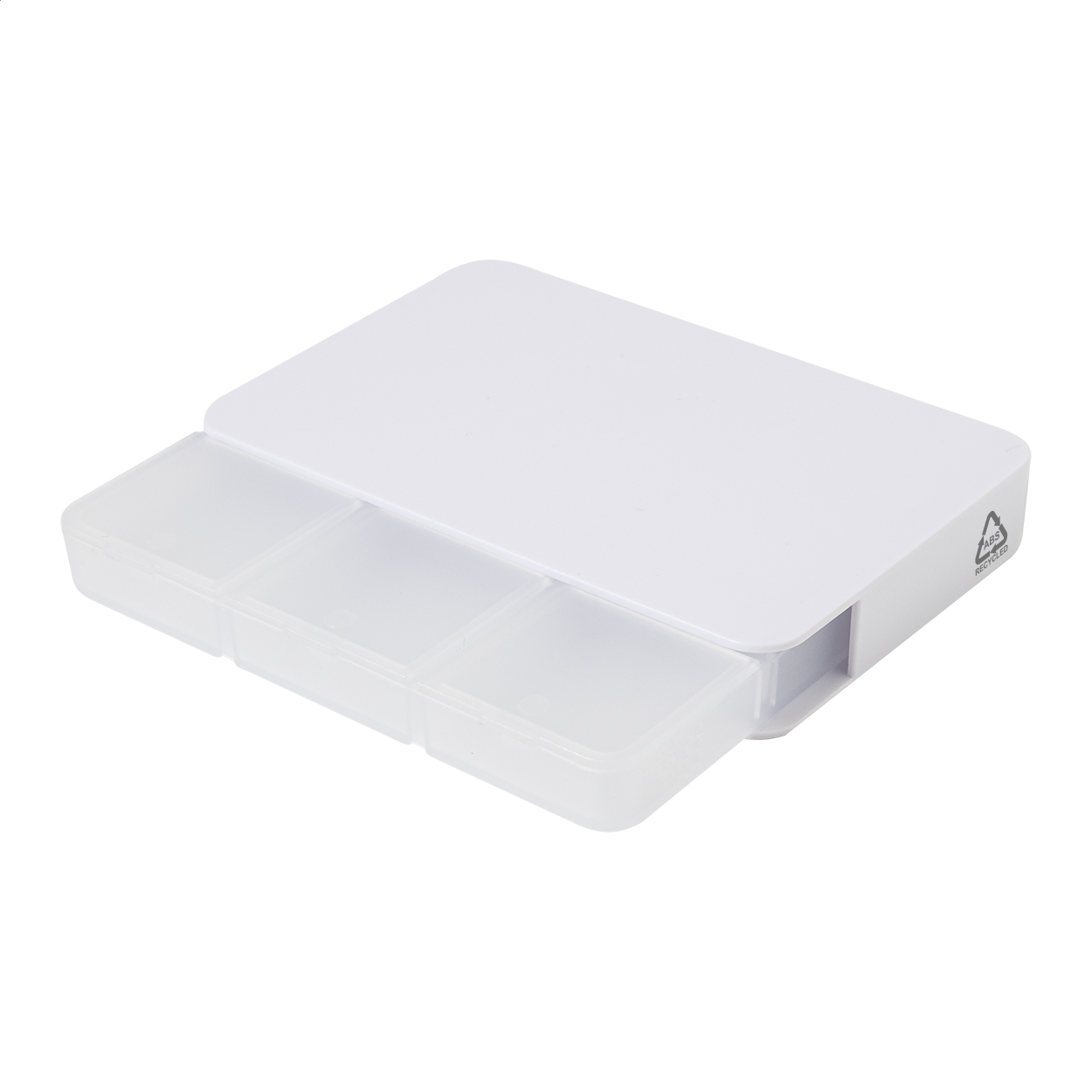 Portapillole con 6 scompartimenti in ABS riciclato — gadget promozionale personalizzabile con il tuo logo