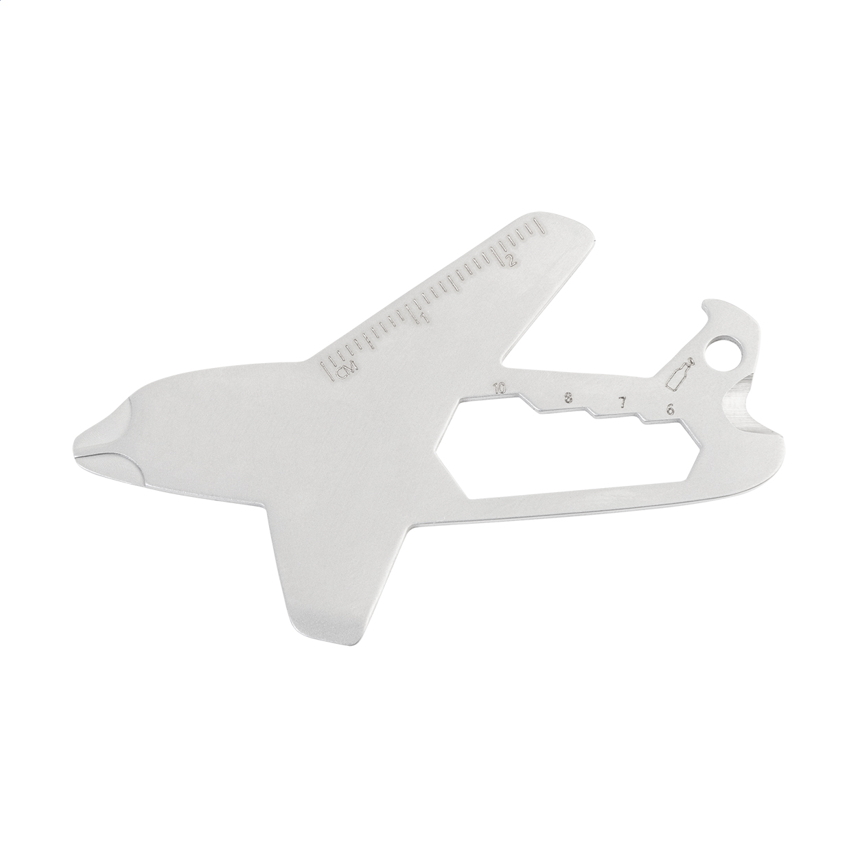 Portachiavi multiuso in acciaio riciclato a forma di aeroplano con apribottiglie, righello, cacciaviti a croce e piatti, chiavi esagonali e tagliafili — gadget promozionale personalizzabile con il tuo logo