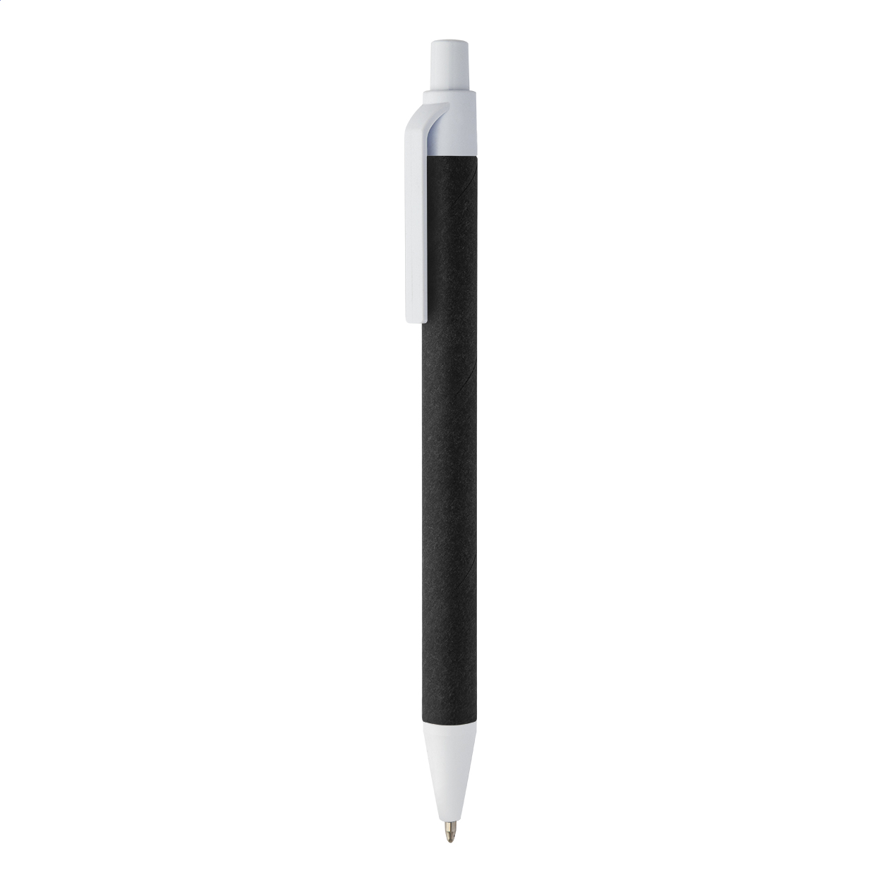Penna a sfera in carta riciclata con corpo nero, elementi in ABS riciclato e refill blu — gadget promozionale personalizzabile con il tuo logo