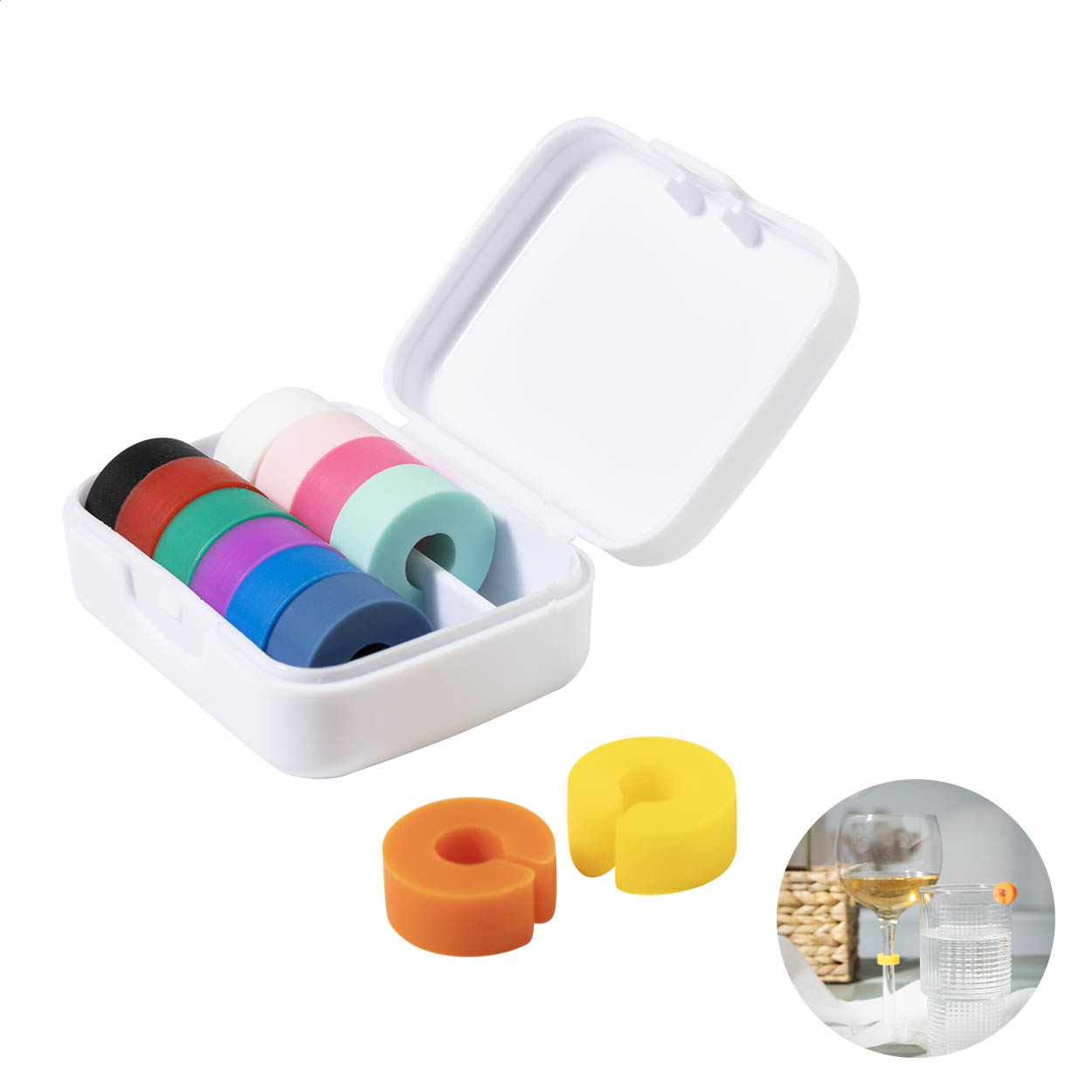 Set di 12 marcatori per bicchieri in silicone colorato contenuti in una confezione di PP riciclato — gadget promozionale personalizzabile con il tuo logo