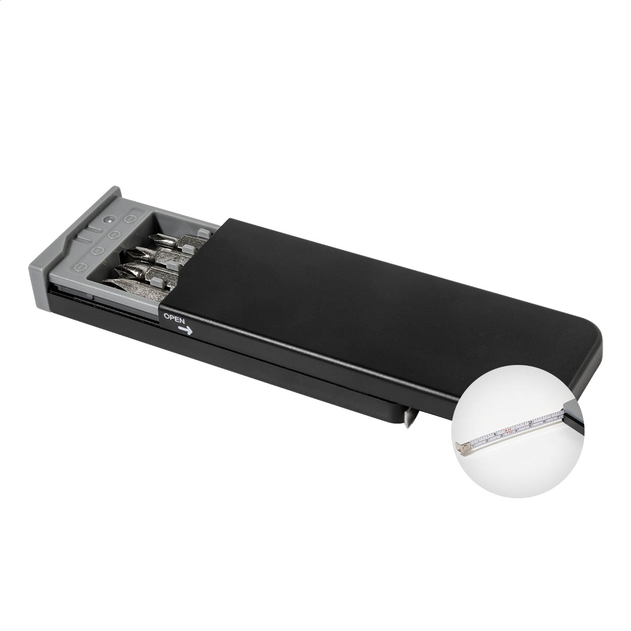 Set da viaggio di utensili composto da 8 punte per cacciavite, un metro e custodia in ABS riciclato — gadget promozionale personalizzabile con il tuo logo