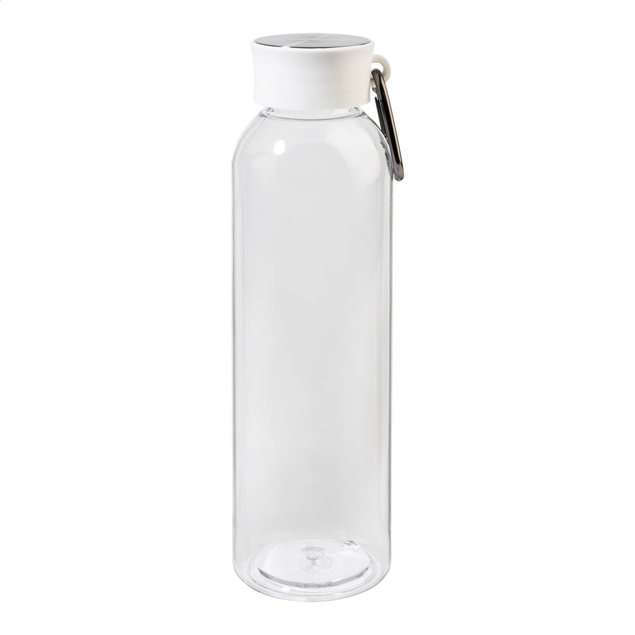 Borraccia in RPET da 600ml, senza BPA, con tappo in PP e parte superiore in acciaio, moschettone in alluminio — gadget promozionale personalizzabile con il tuo logo