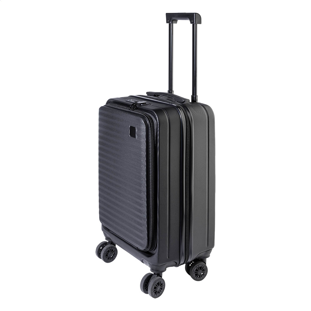 Trolley da cabina da 20 pollici con struttura rigida in ABS riciclato, dotato di scomparto frontale con cerniera che include una tasca imbottita per laptop (15") e una placca metallica per l'incisione del logo — gadget promozionale personalizzabile con il tuo logo