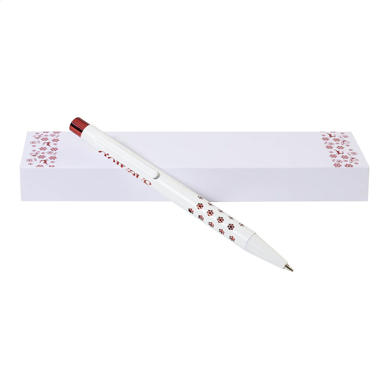 Penna a sfera in alluminio riciclato con pulsante effetto metallico lucido e impugnatura decorata con motivo a fiocchi di neve incisi al laser — gadget promozionale personalizzabile con il tuo logo