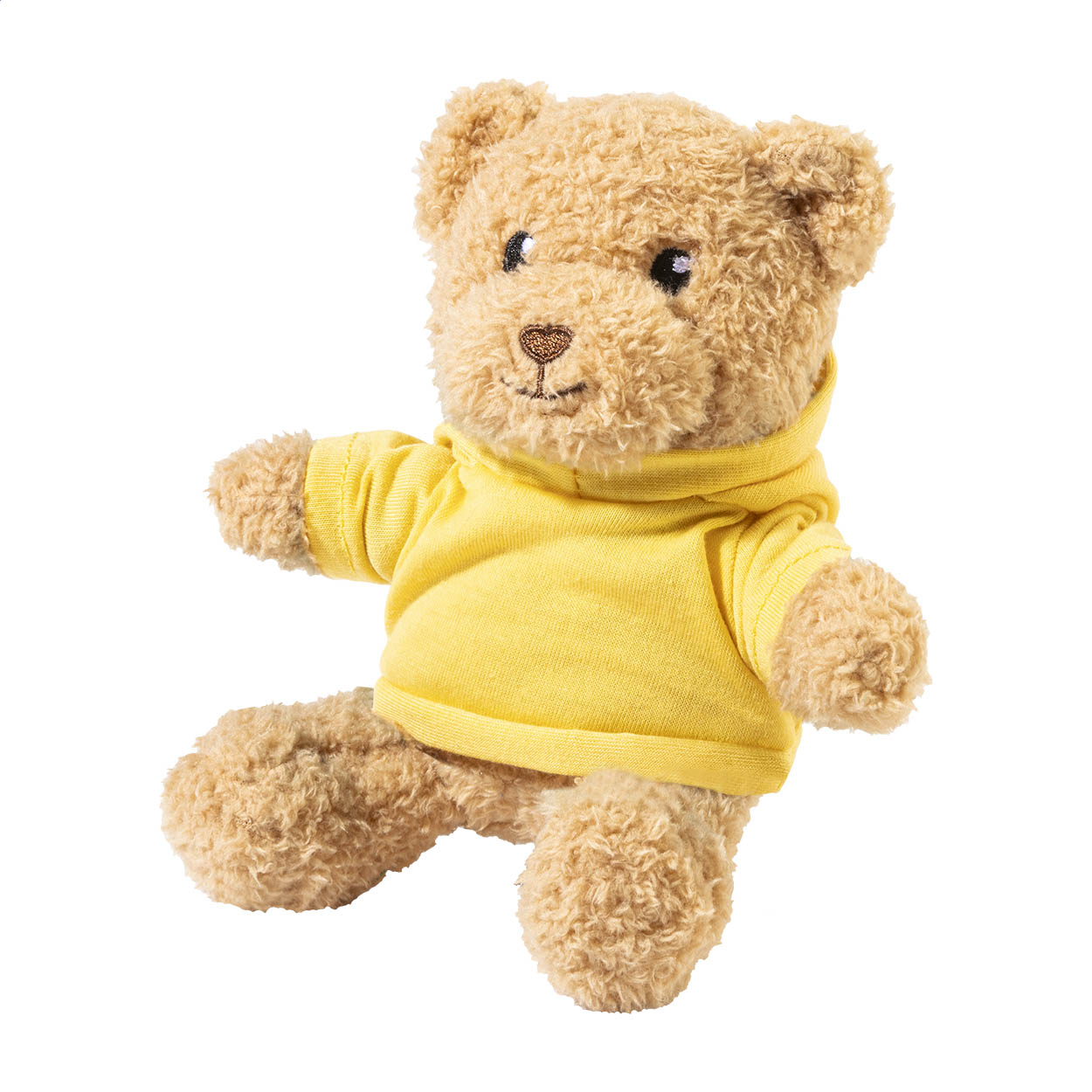 Orsacchiotto di peluche in RPET con felpa in poliestere RPET stampabile e cappuccio — gadget promozionale personalizzabile con il tuo logo