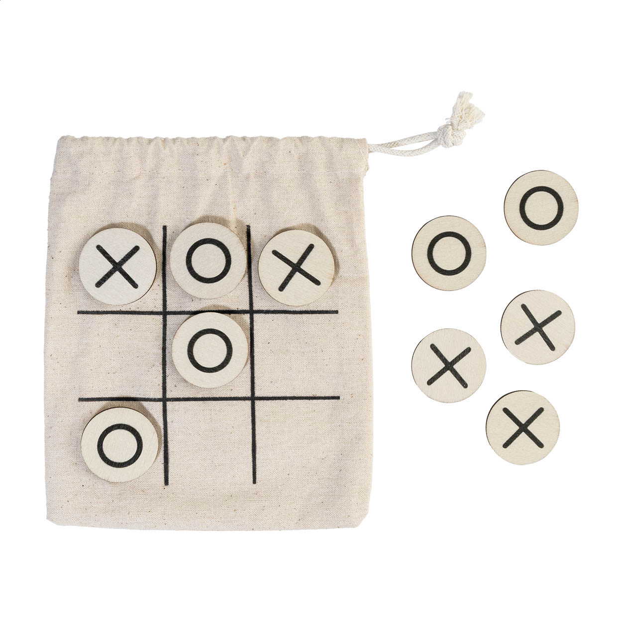 Gioco del tris con 10 tessere in legno contenuto in un sacchettino di cotone con cordoncino — gadget promozionale personalizzabile con il tuo logo