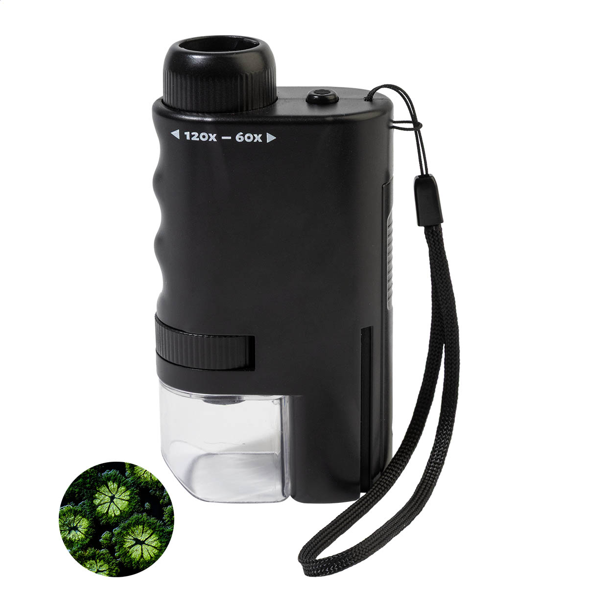 Microscopio tascabile portatile in ABS con ingrandimento 60-120×, illuminazione a LED e cinturino — gadget promozionale personalizzabile con il tuo logo