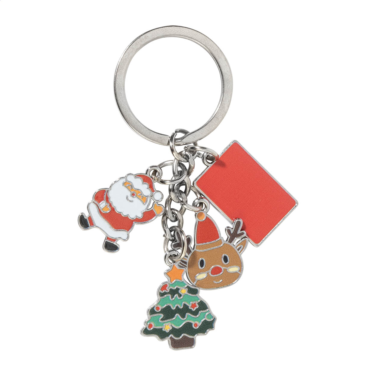 Portachiavi natalizio in metallo con 3 ciondoli e uno stampabile rettangolare — gadget promozionale personalizzabile con il tuo logo