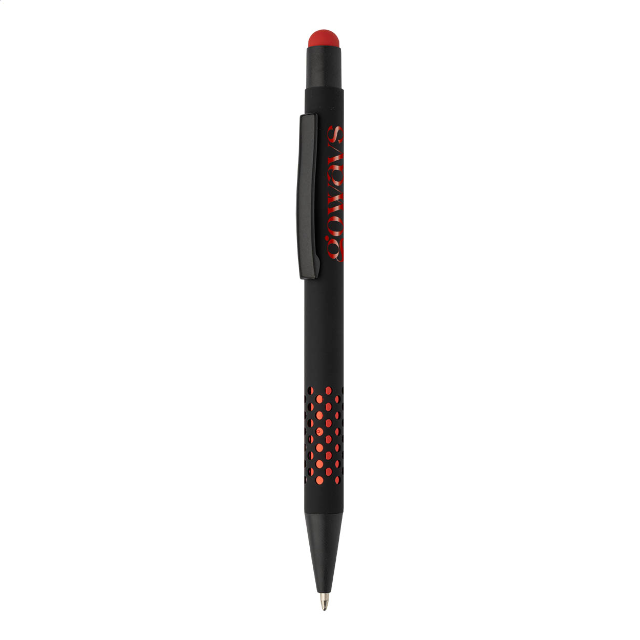 Penna a sfera capacitiva in alluminio riciclato con impugnatura tagliata al laser, finitura gommata e refill blu — gadget promozionale personalizzabile con il tuo logo