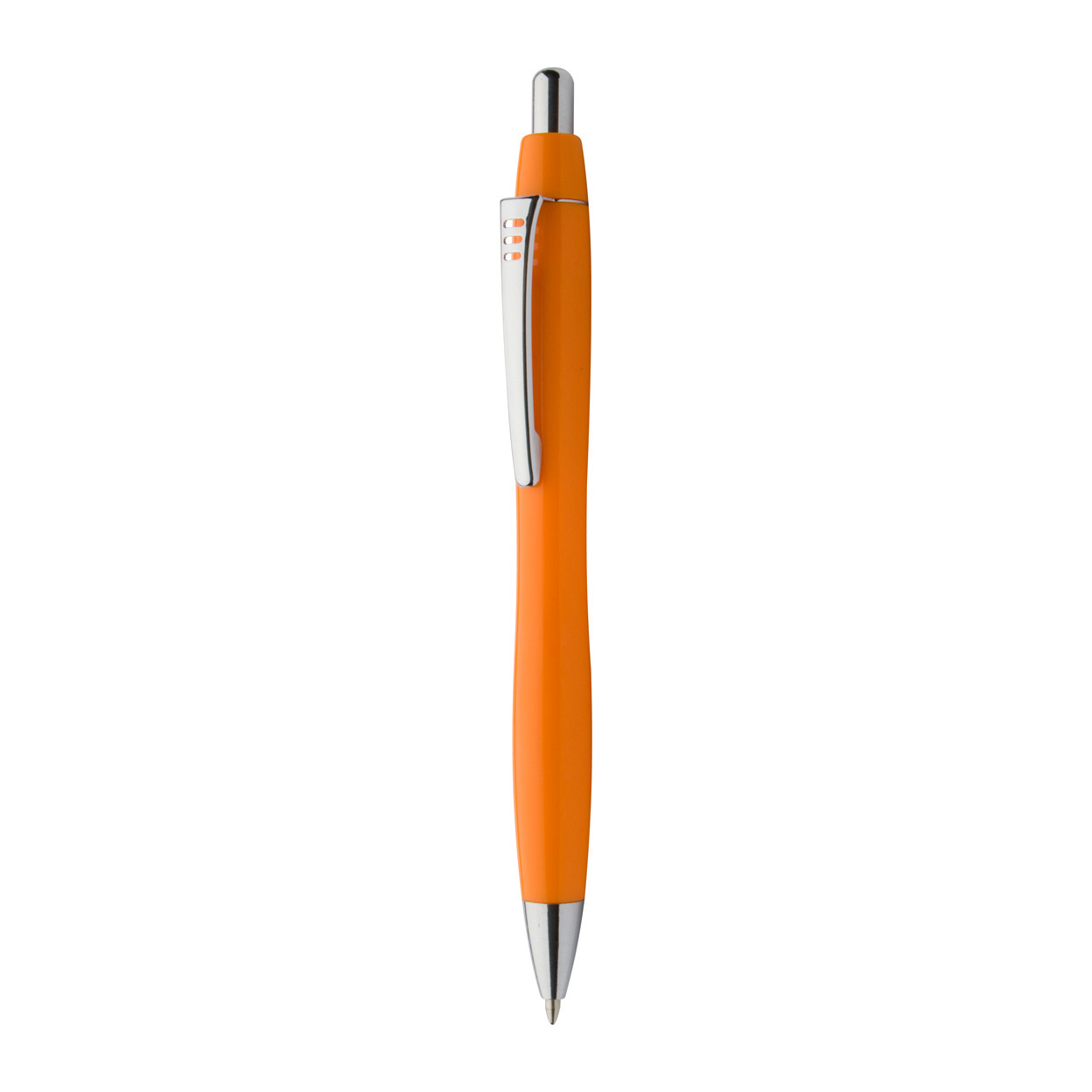 Penna a sfera in plastica con fusto colorato, clip in metallo, pulsante e puntale cromata — gadget promozionale personalizzabile con il tuo logo